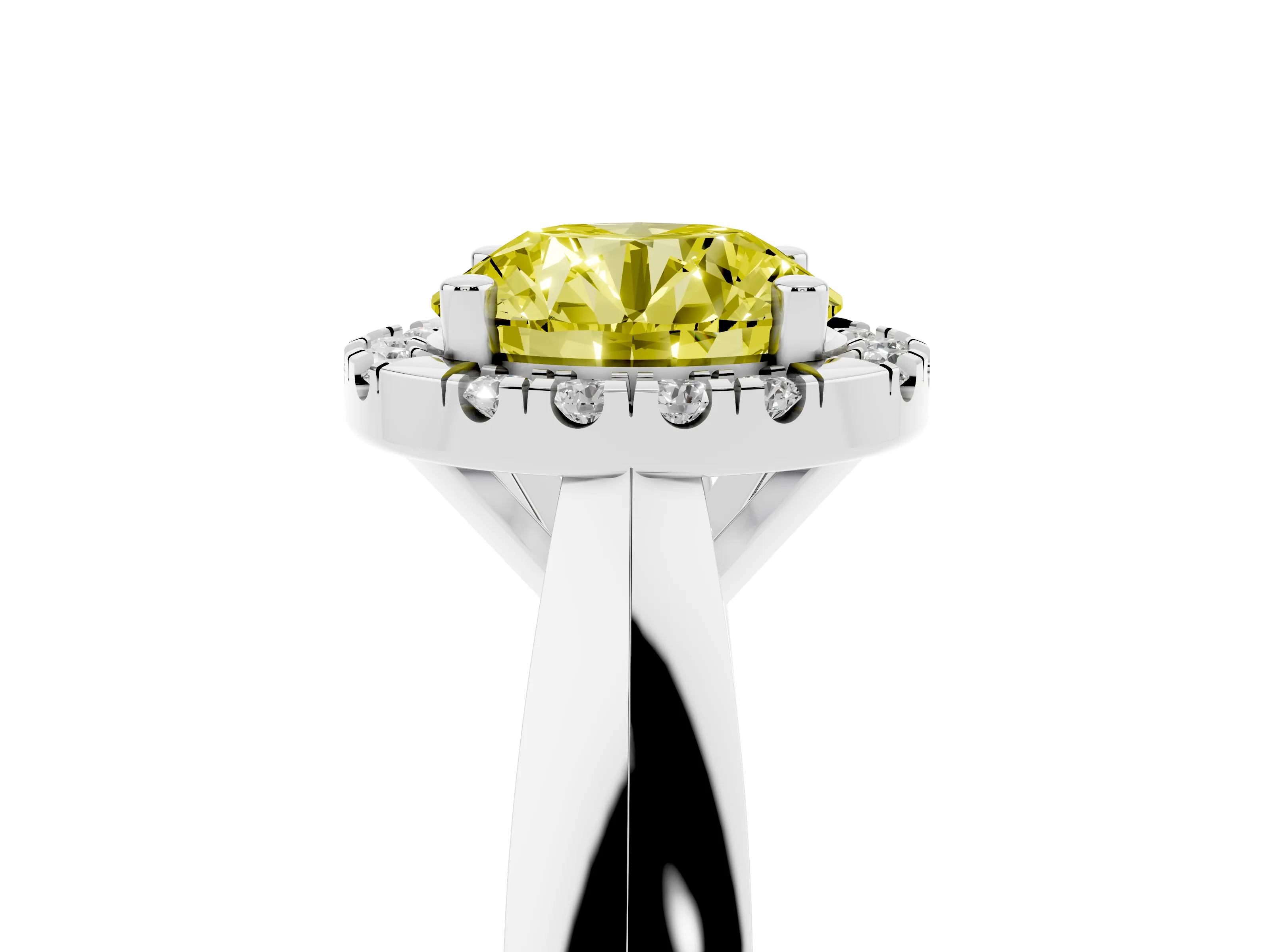Fancy Yellow Round Cut Diamond Halo Solitaire Engagement Ring Set in Platinum with Square Band and Prong Setting