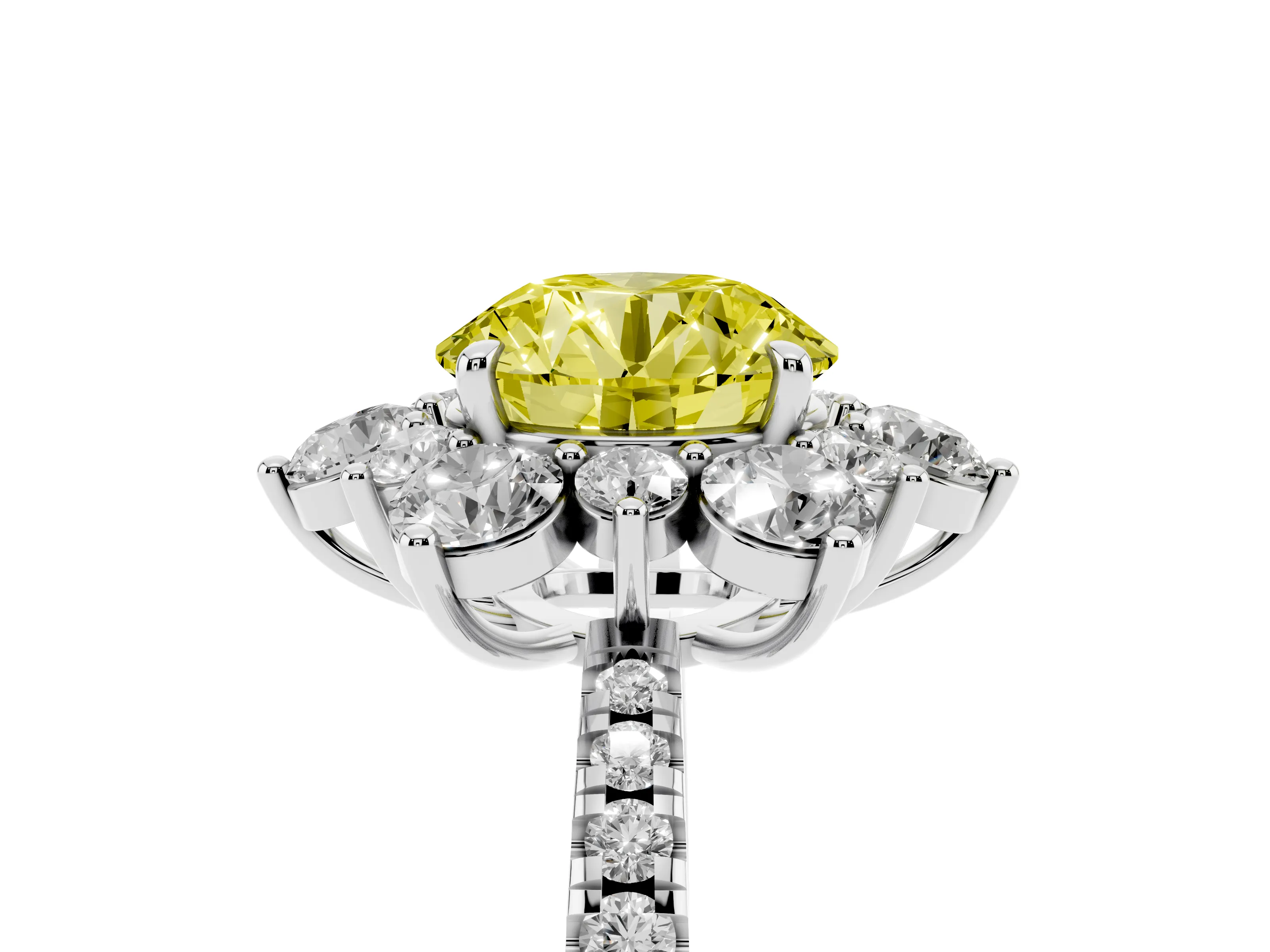 Fancy Yellow Round Cut Diamond Floral Halo Ring Set in Platinum with Round Pavé Band and Prong Setting