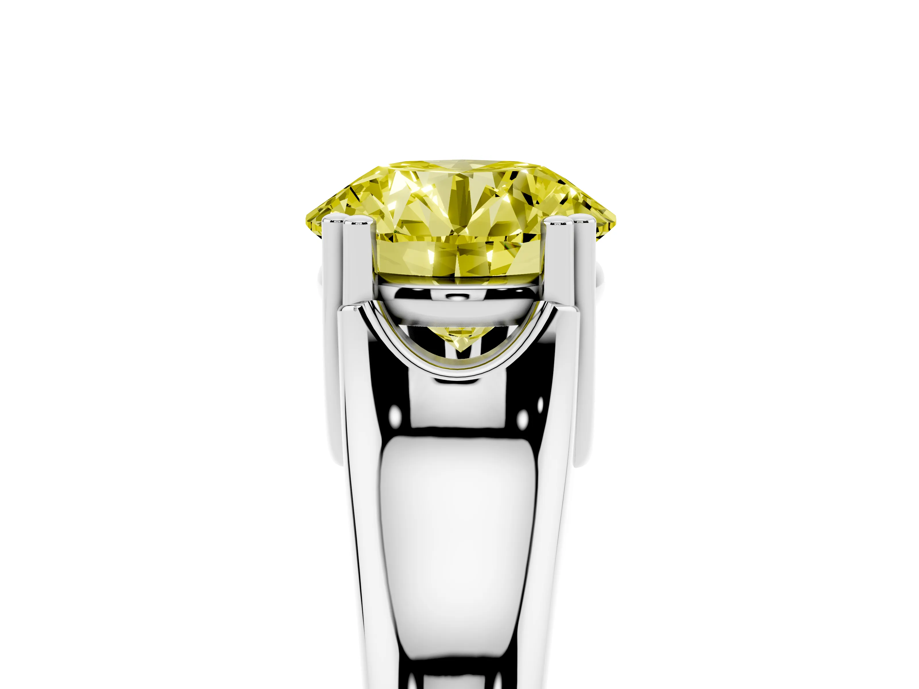 Fancy Yellow Round Cut Diamond Solitaire Ring Set in Platinum with Wide Band and Prong Setting