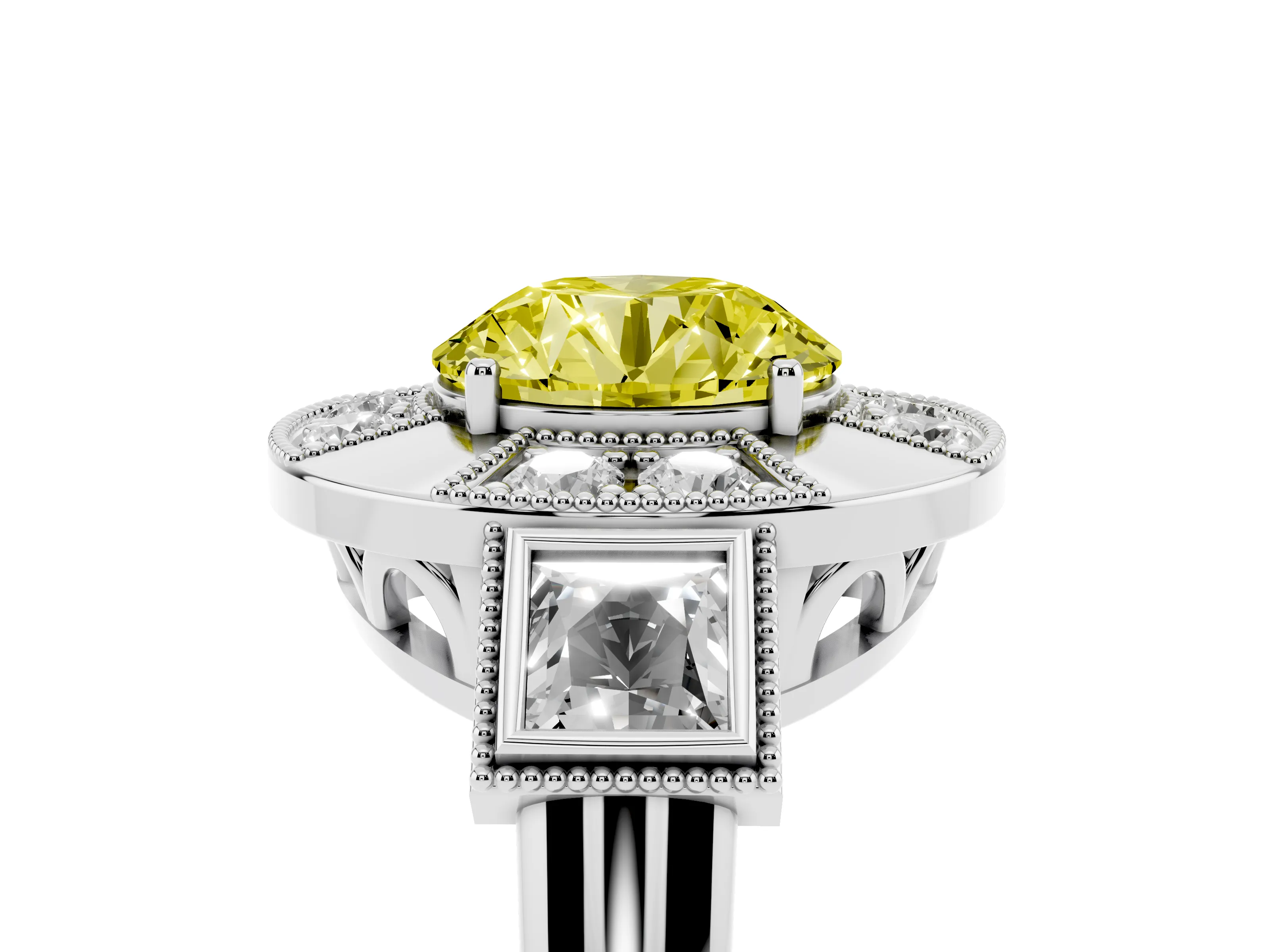 Fancy Yellow Round Cut Diamond Milgrain Halo Ring Set in Platinum with Split Shank