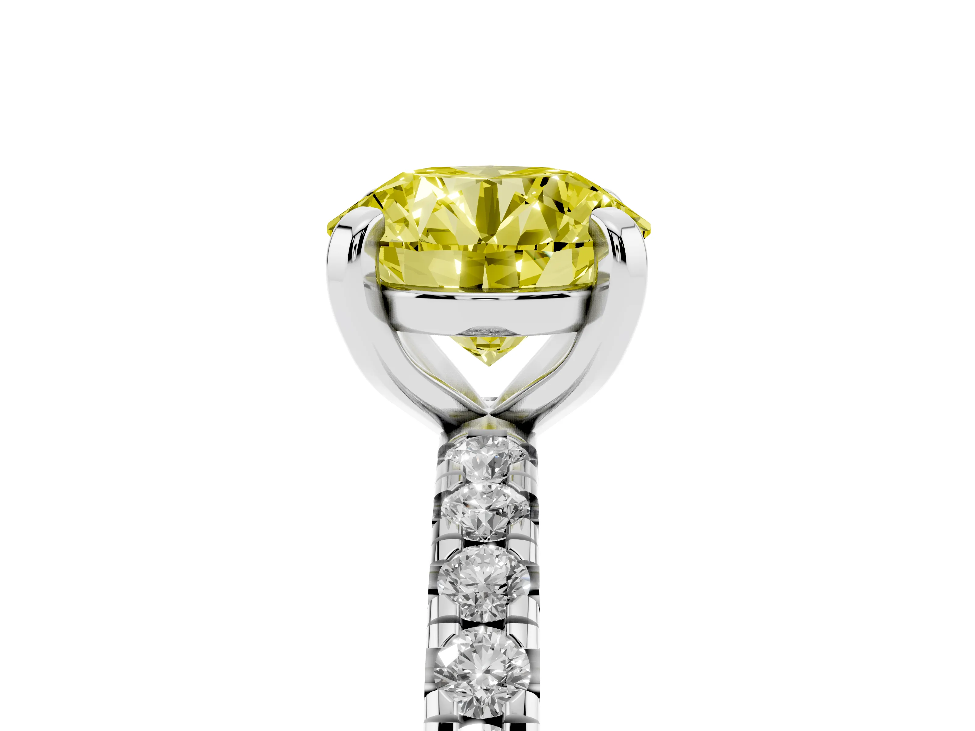Fancy Yellow Round Cut Diamond Pavé Solitaire Ring Set in White gold with Round Band and Prong Setting