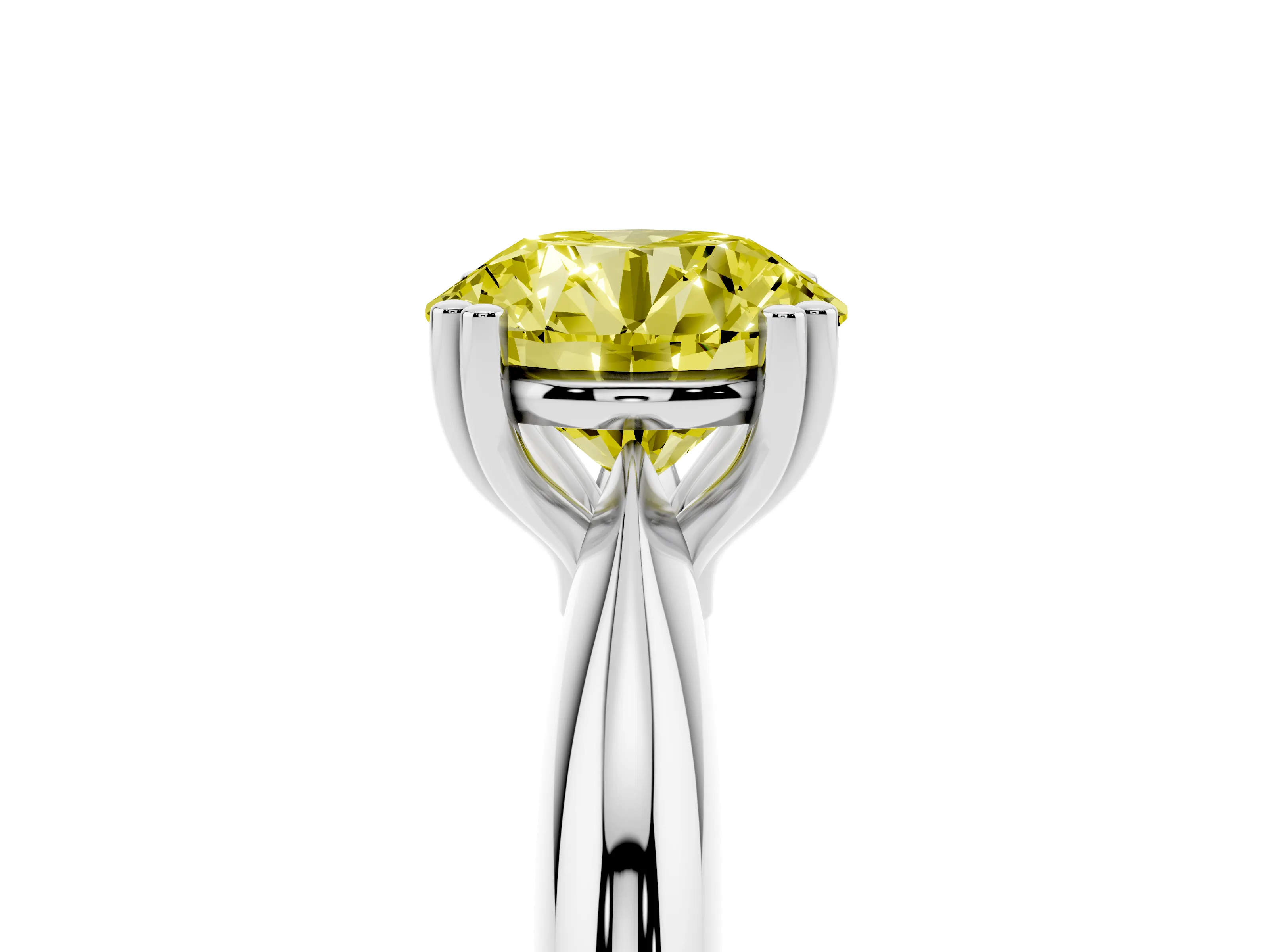 Fancy Yellow Round Cut Diamond Solitaire Engagement Ring Set in White gold with Tapered Band and Prong Setting