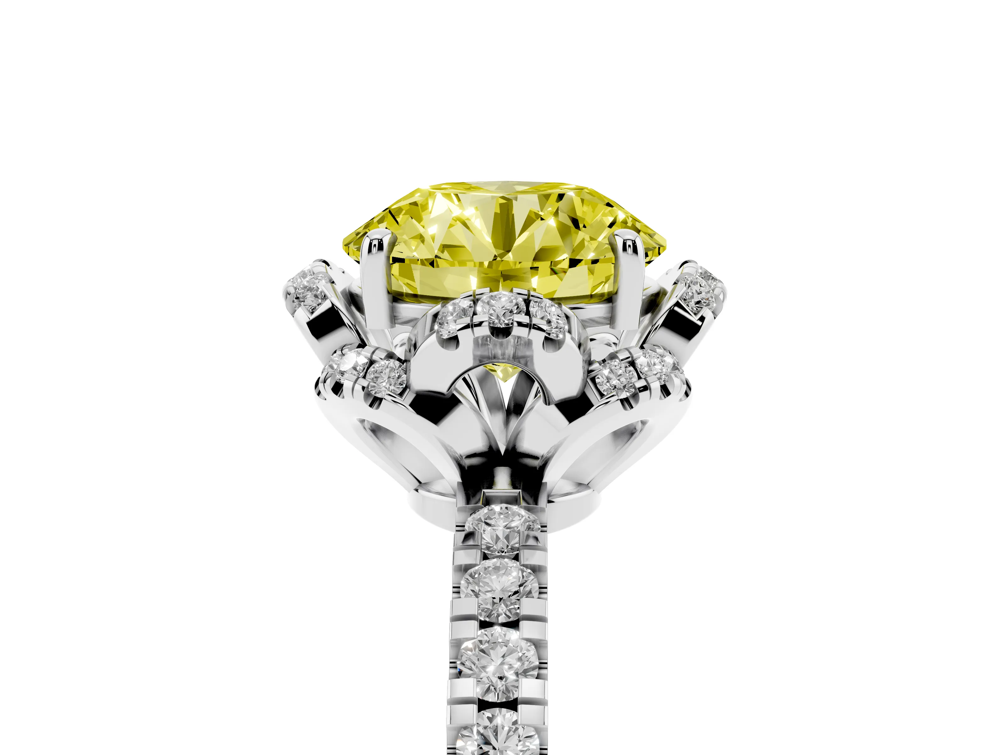 Fancy Yellow Round Cut Diamond Halo Pavé Band Ring Set in White gold with Prong-Held Center