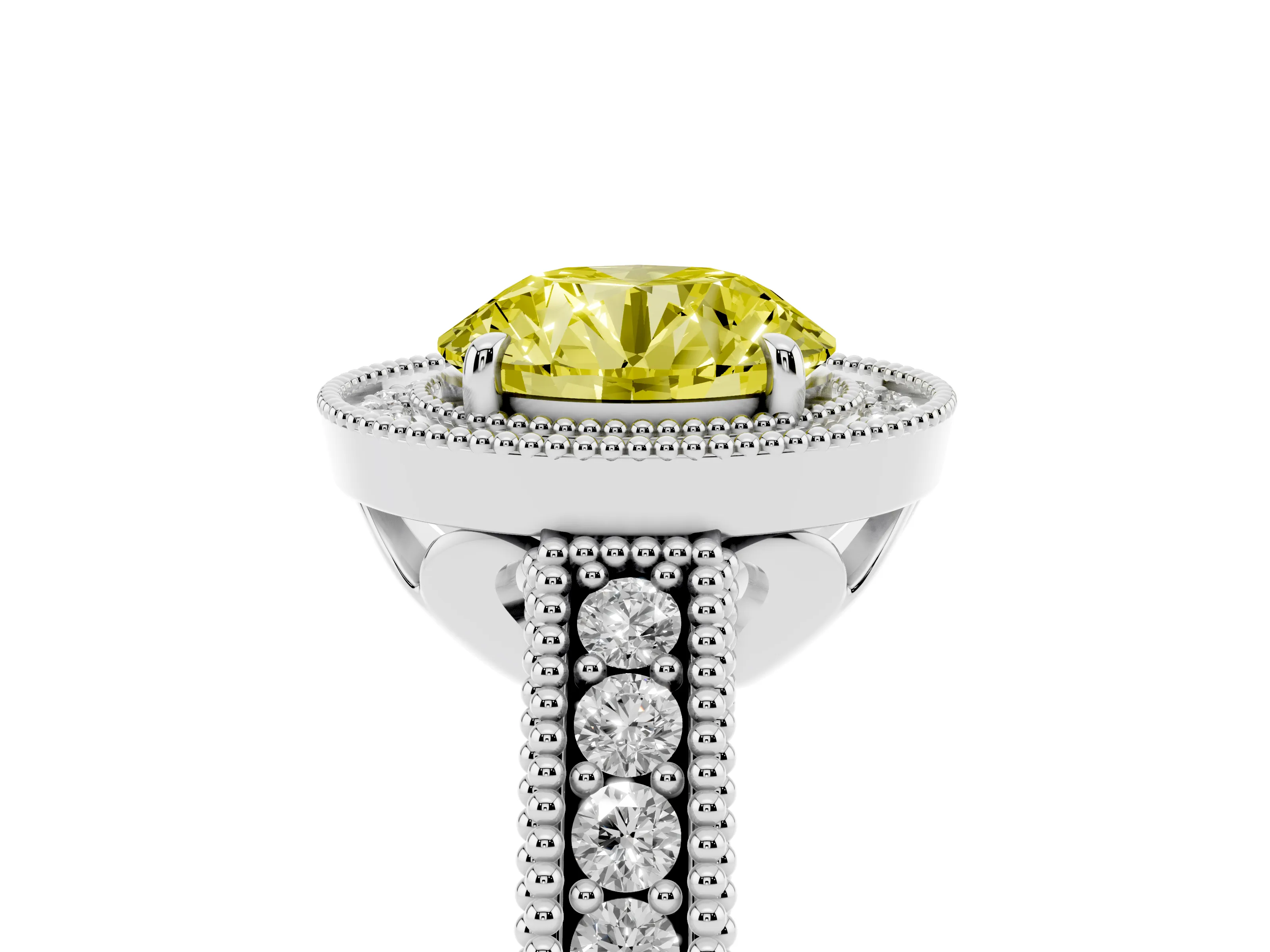 Fancy Yellow Round Cut Diamond Halo Ring Set in Silver with Round Accent Halo, Pavé Band and Prong Setting
