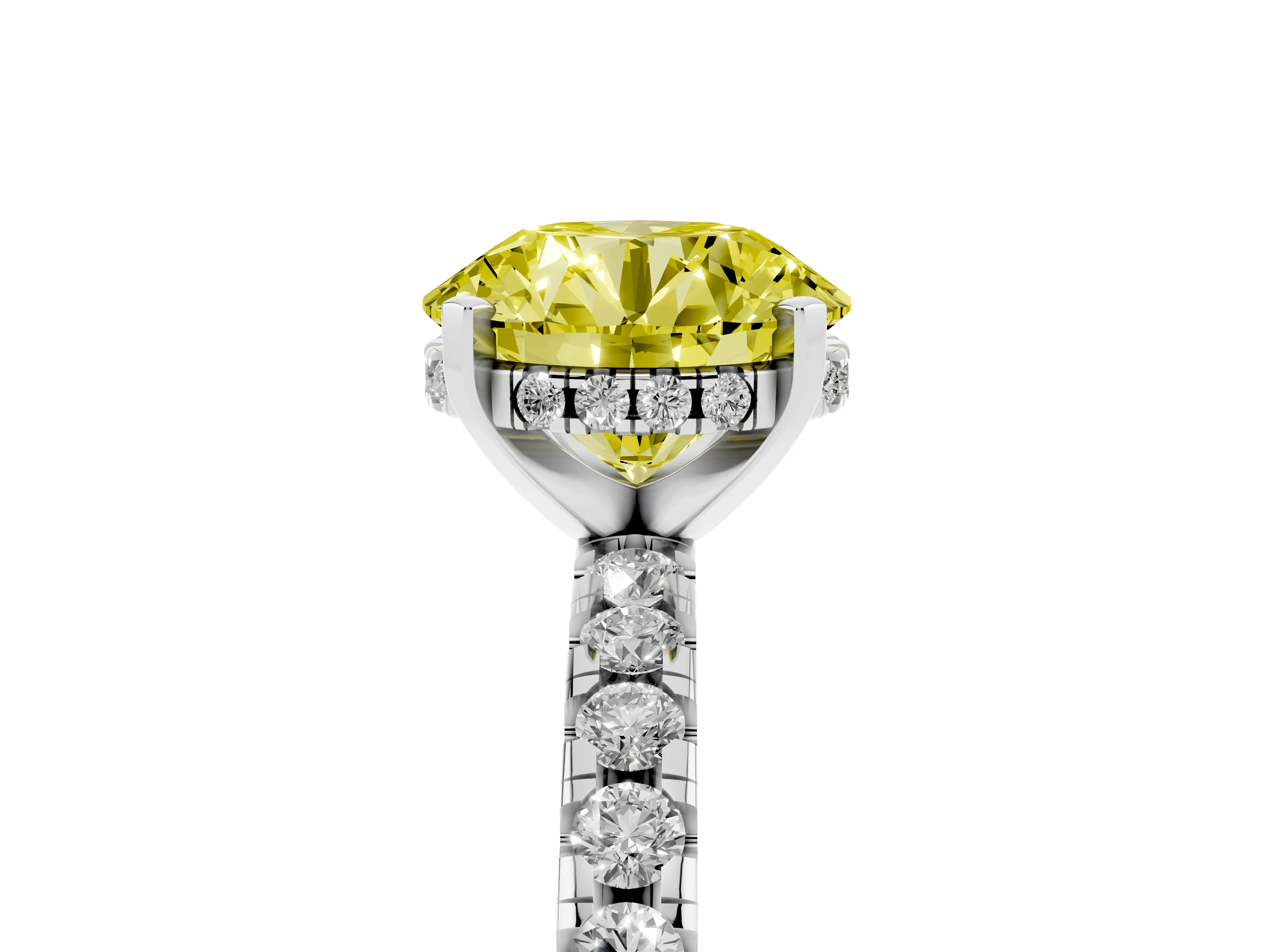 Fancy Yellow Round Cut Diamond Pavé Solitaire Ring Set in Platinum with Round Band Accents and Prong Setting