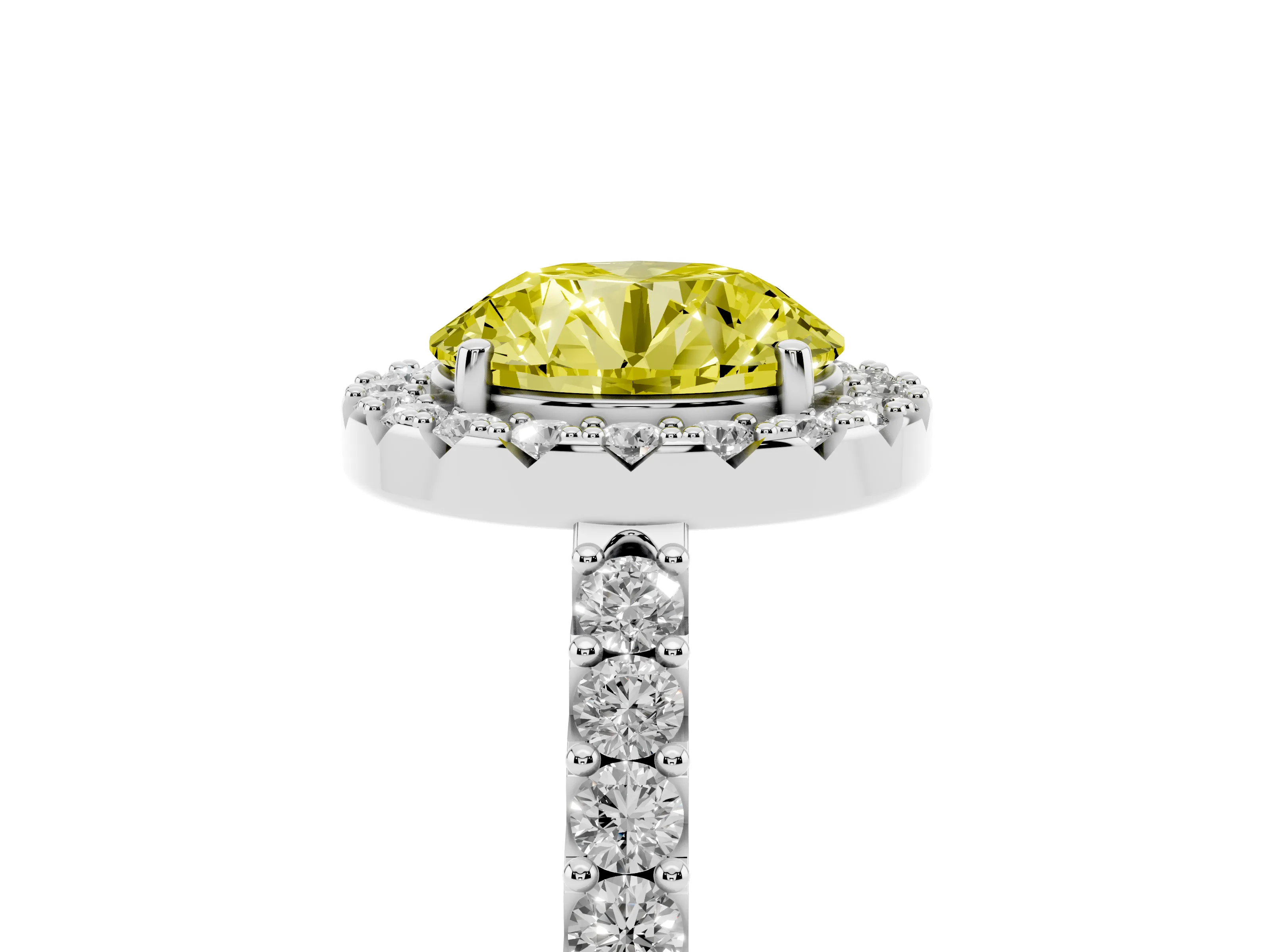 Fancy Yellow Round Cut Diamond Halo Pavé Solitaire Ring Set in Silver with Prong-Set Center Stone