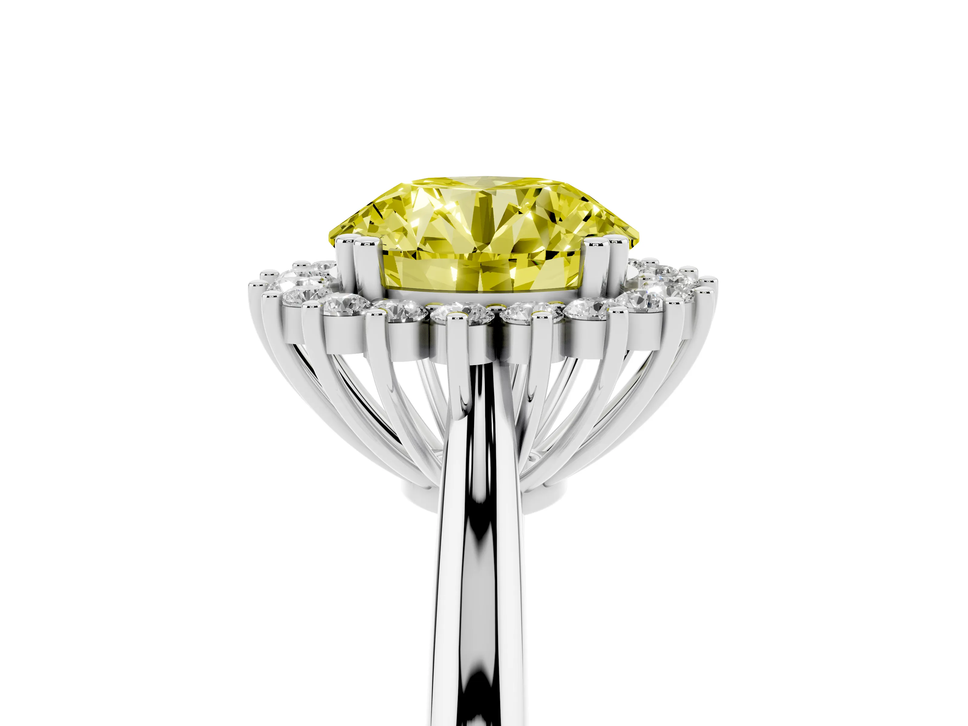 Fancy Yellow Round Cut Diamond Halo Ring Set in Platinum with Plain Solitaire Band and Prong Setting