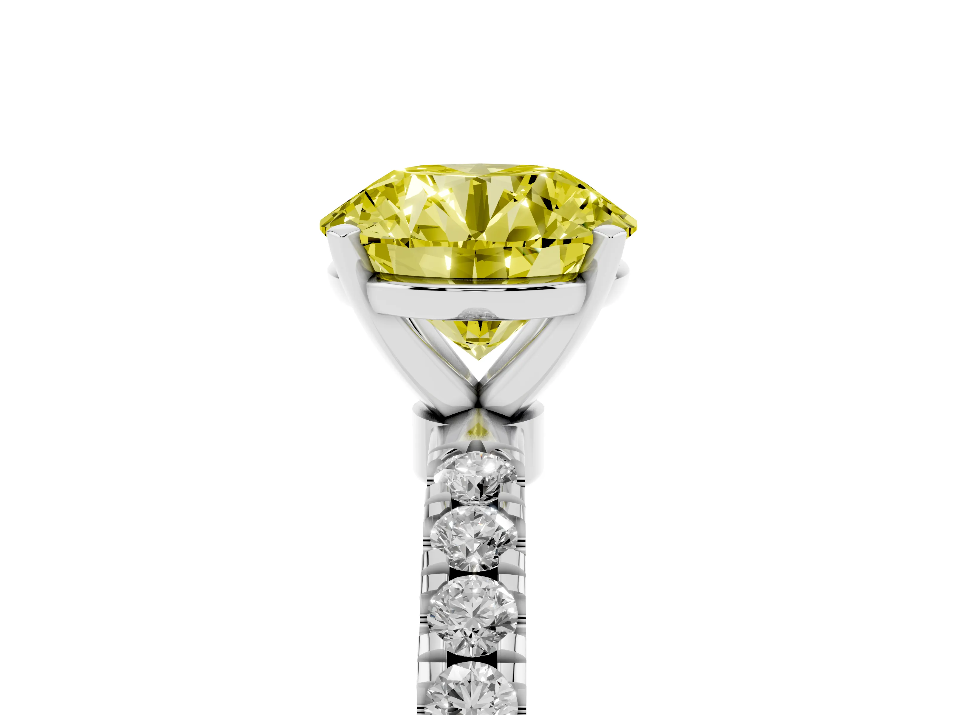 Fancy Yellow Round Cut Diamond Solitaire Ring Set in Silver with Pavé Accents and Prong Setting
