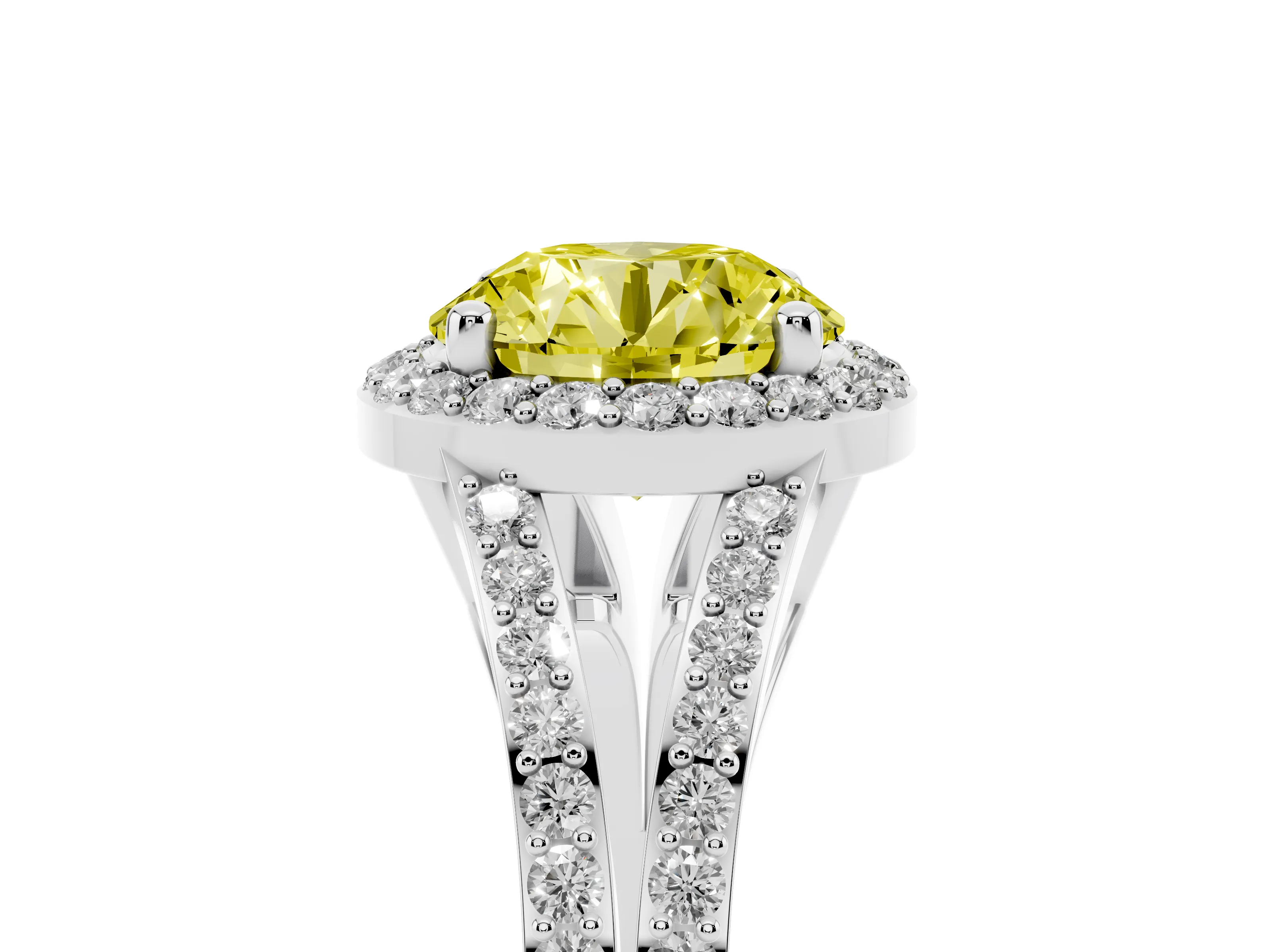 Fancy Yellow Round Cut Diamond Halo Split Shank Pavé Ring Set in White gold with Prong Setting