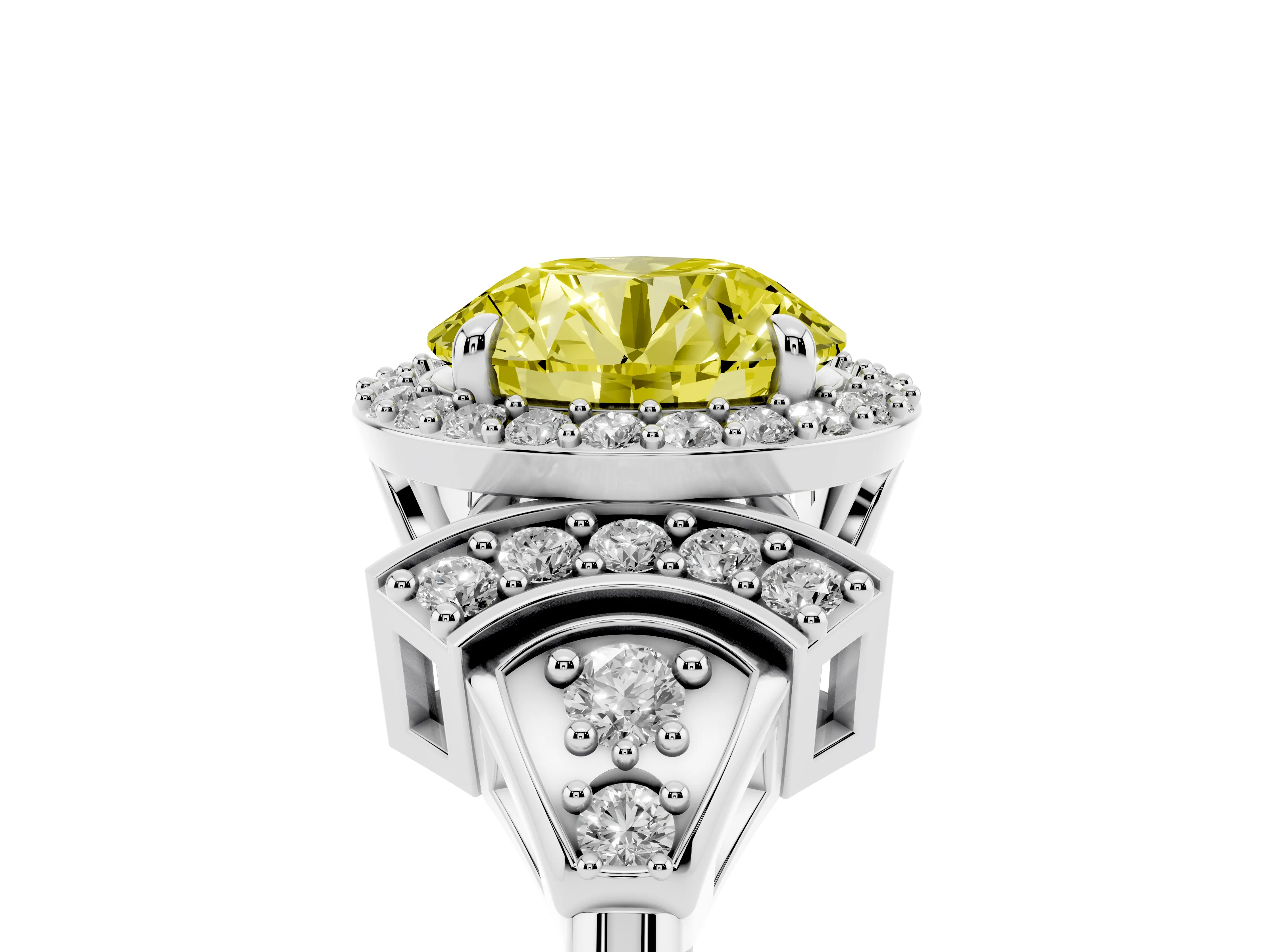 Fancy Yellow Round Cut Diamond Halo Engagement Ring Set in Silver with Accent Stone Split Shank