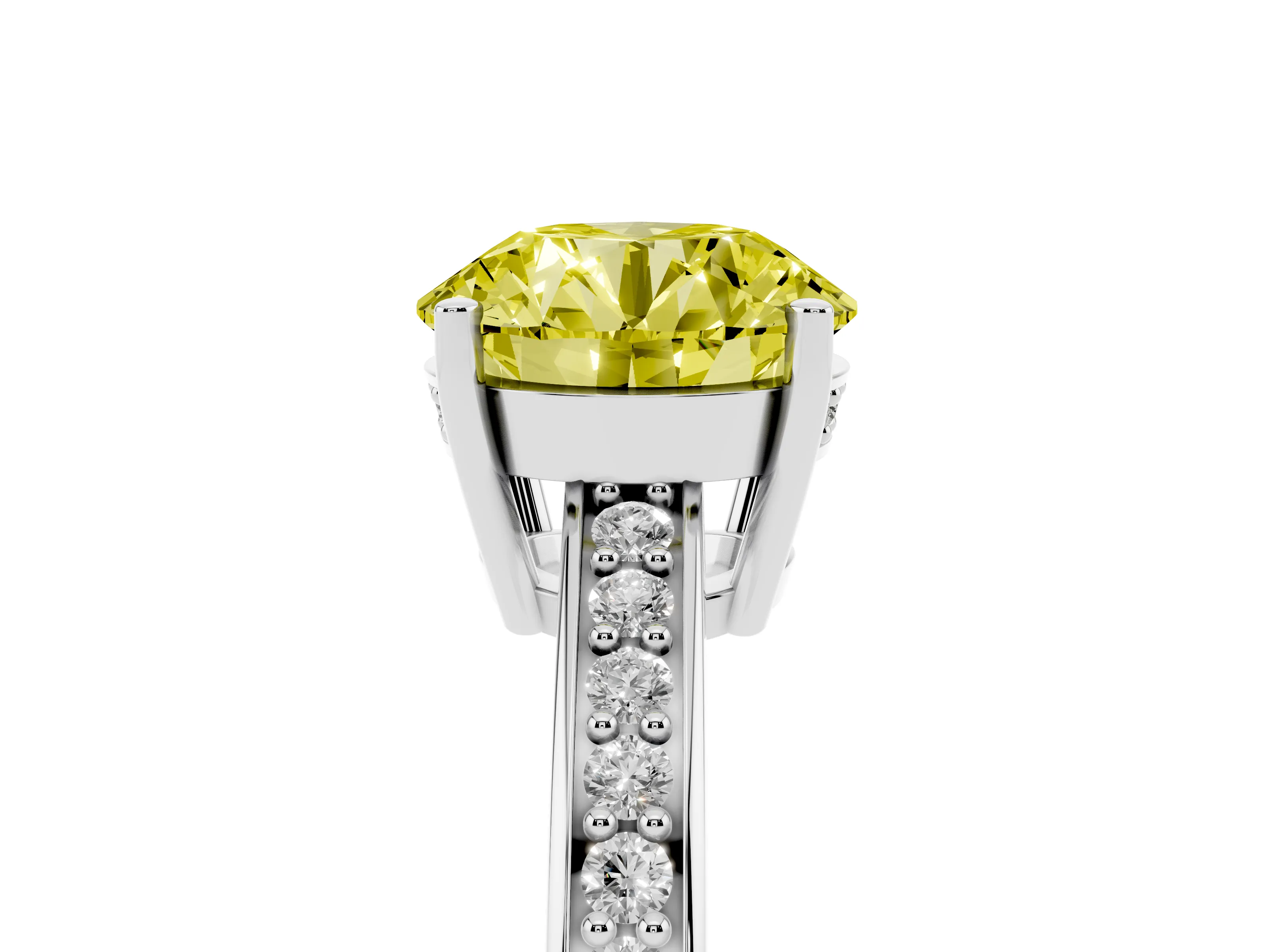 Fancy Yellow Round Cut Diamond Pavé Band Prong Set Solitaire Ring Set in Platinum