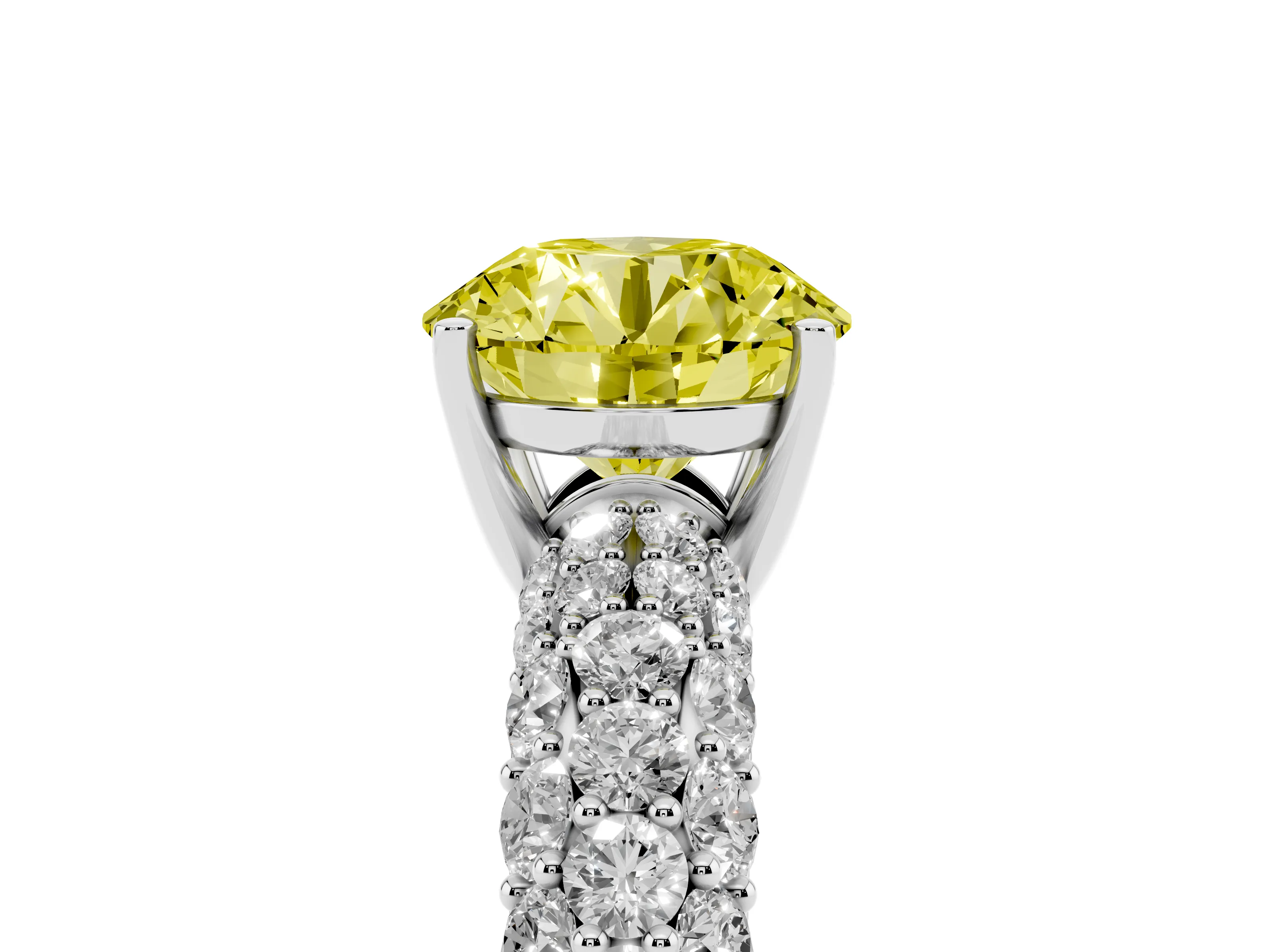 Fancy Yellow Round Cut Diamond Pavé Band Solitaire Ring Set in Silver with Close-Set Accent Stones and Prong Setting
