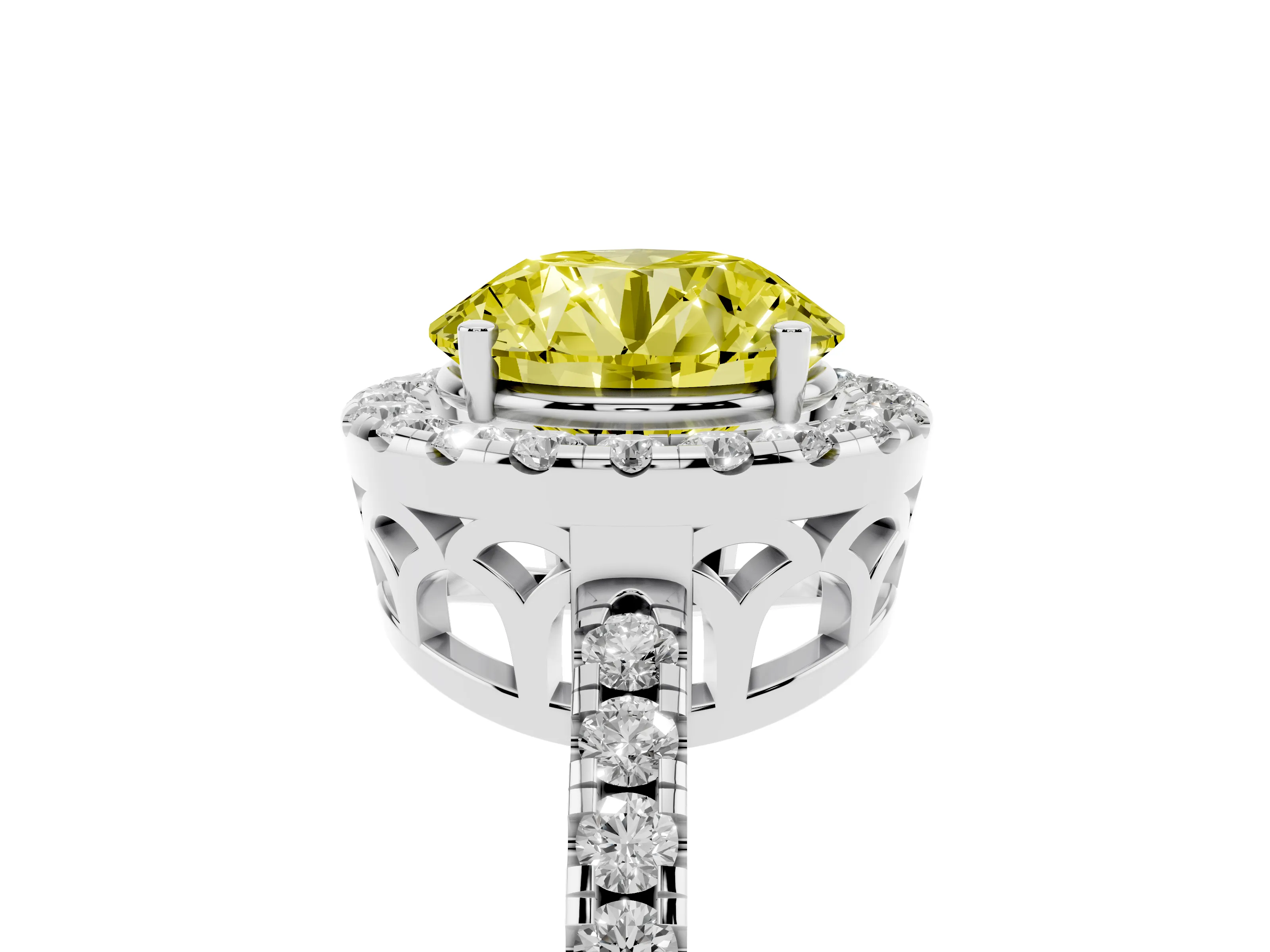 Fancy Yellow Round Cut Diamond Pavé Band Halo Engagement Ring Set in White gold with Prong Setting