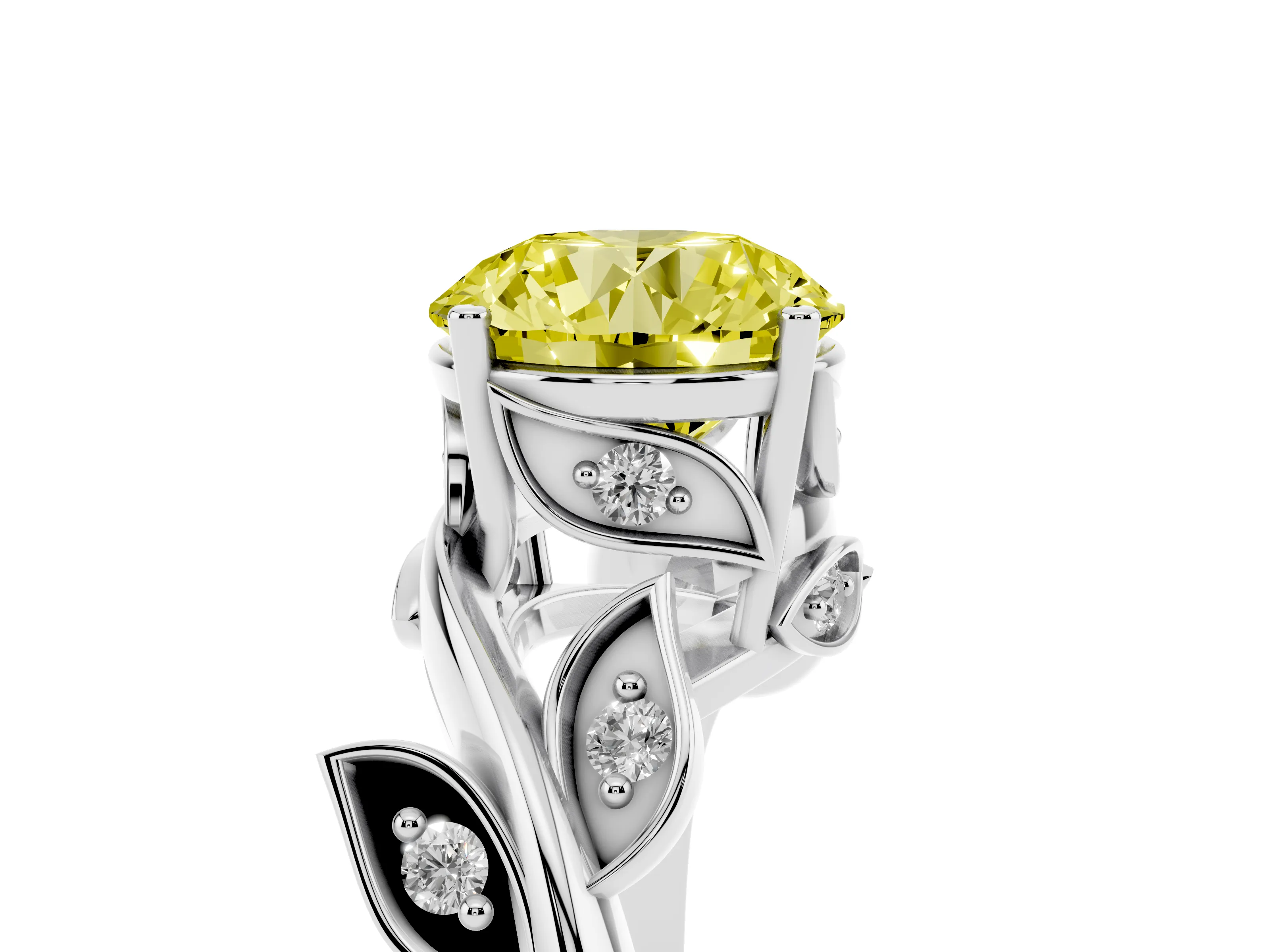 Fancy Yellow Round Cut Diamond Solitaire Twist Engagement Ring Set in Platinum with Pavé Leaf Accents