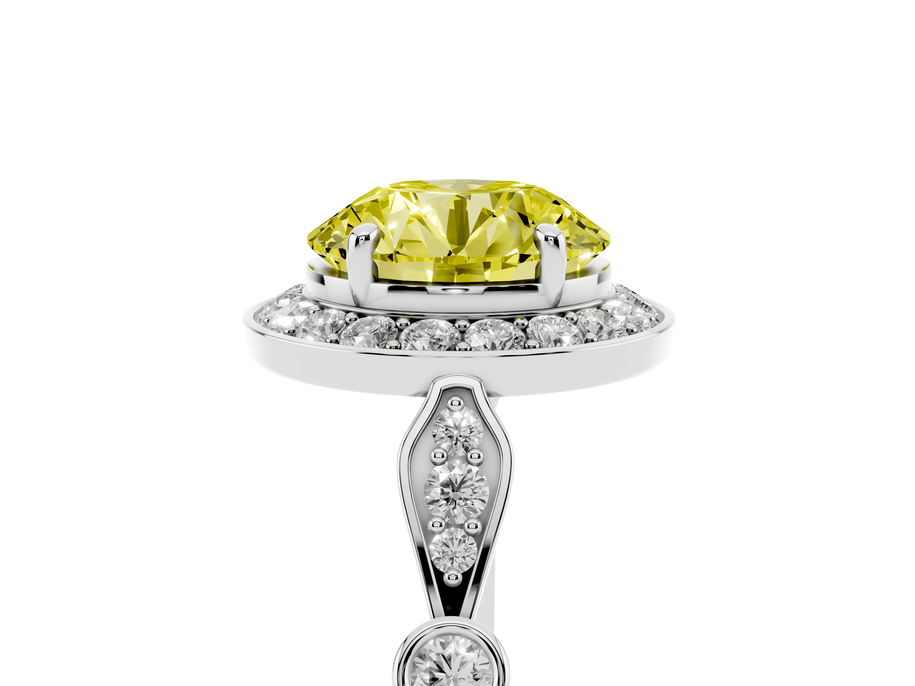 Fancy Yellow Round Cut Diamond Halo Engagement Ring Set in Platinum with Twisted Band and Prong Setting