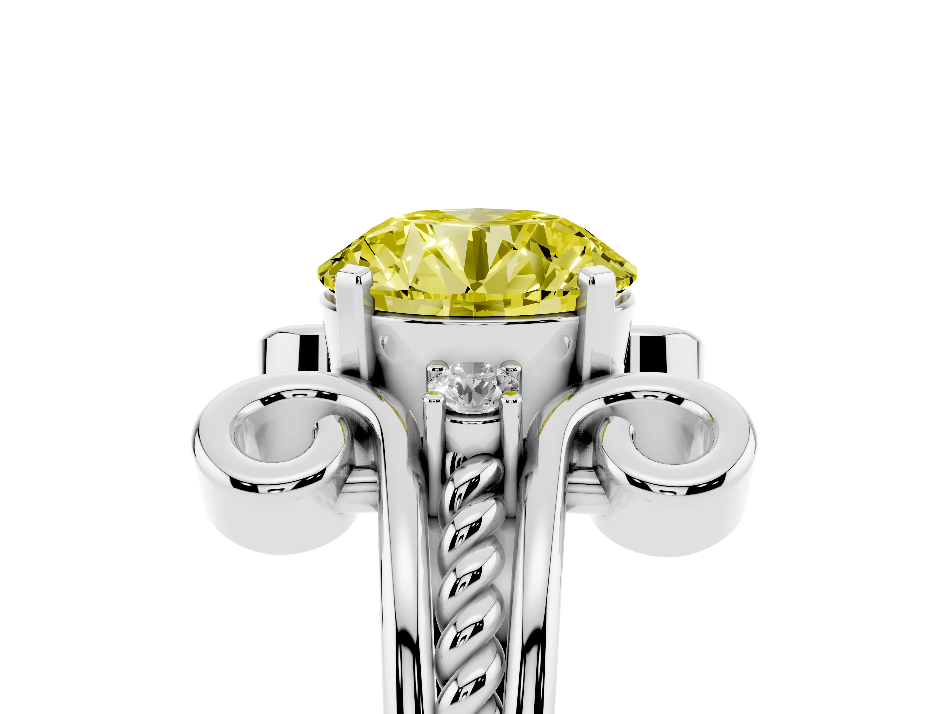 Fancy Yellow Round Cut Diamond Twisted Band Solitaire Ring Set in Platinum with Scroll Prongs