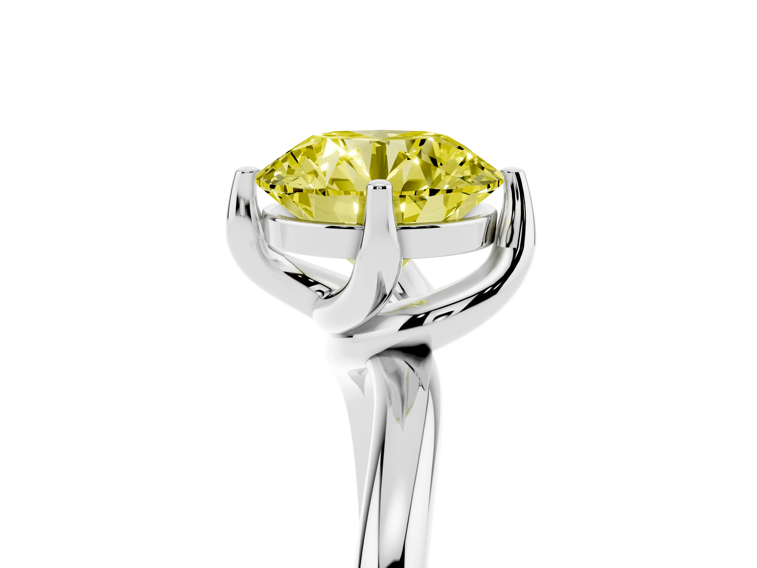 Fancy Yellow Round Cut Diamond Solitaire Engagement Ring Set in Silver with Classic Plain Band