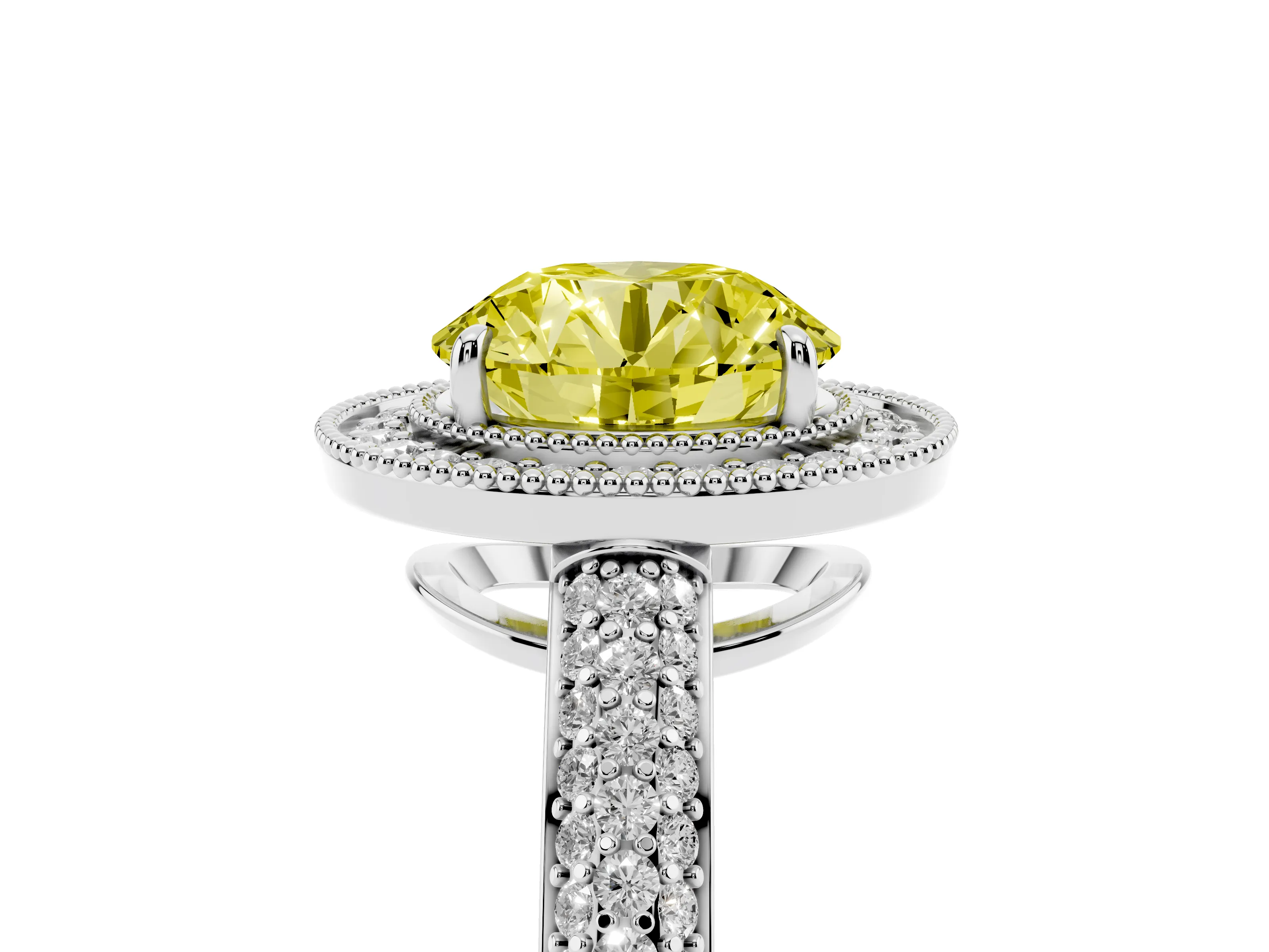 Fancy Yellow Round Cut Diamond Halo Pavé Band Set in Silver with Prong Setting