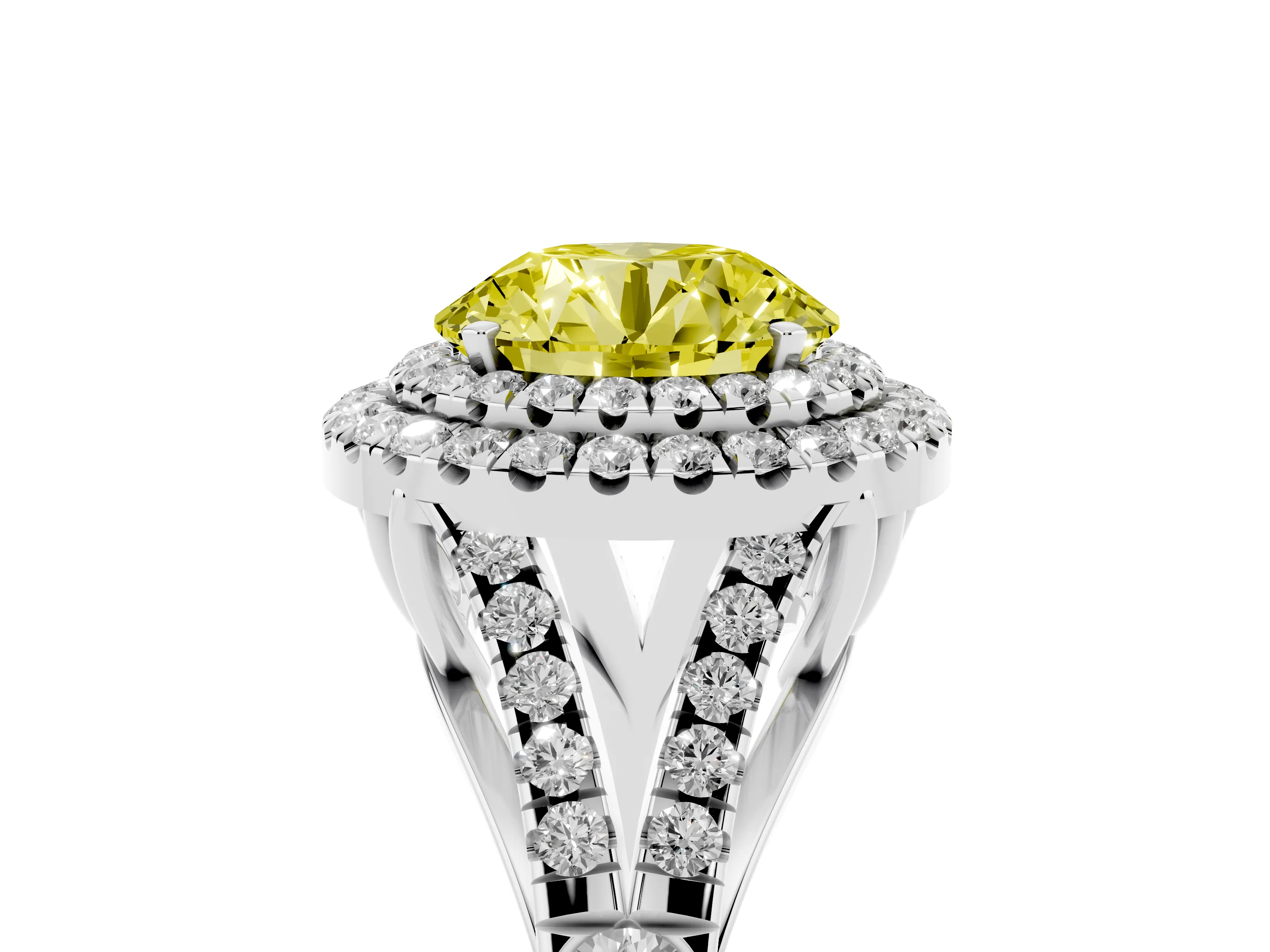 Fancy Yellow Round Cut Diamond Pavé Split Shank Double Halo Engagement Ring Set in Silver