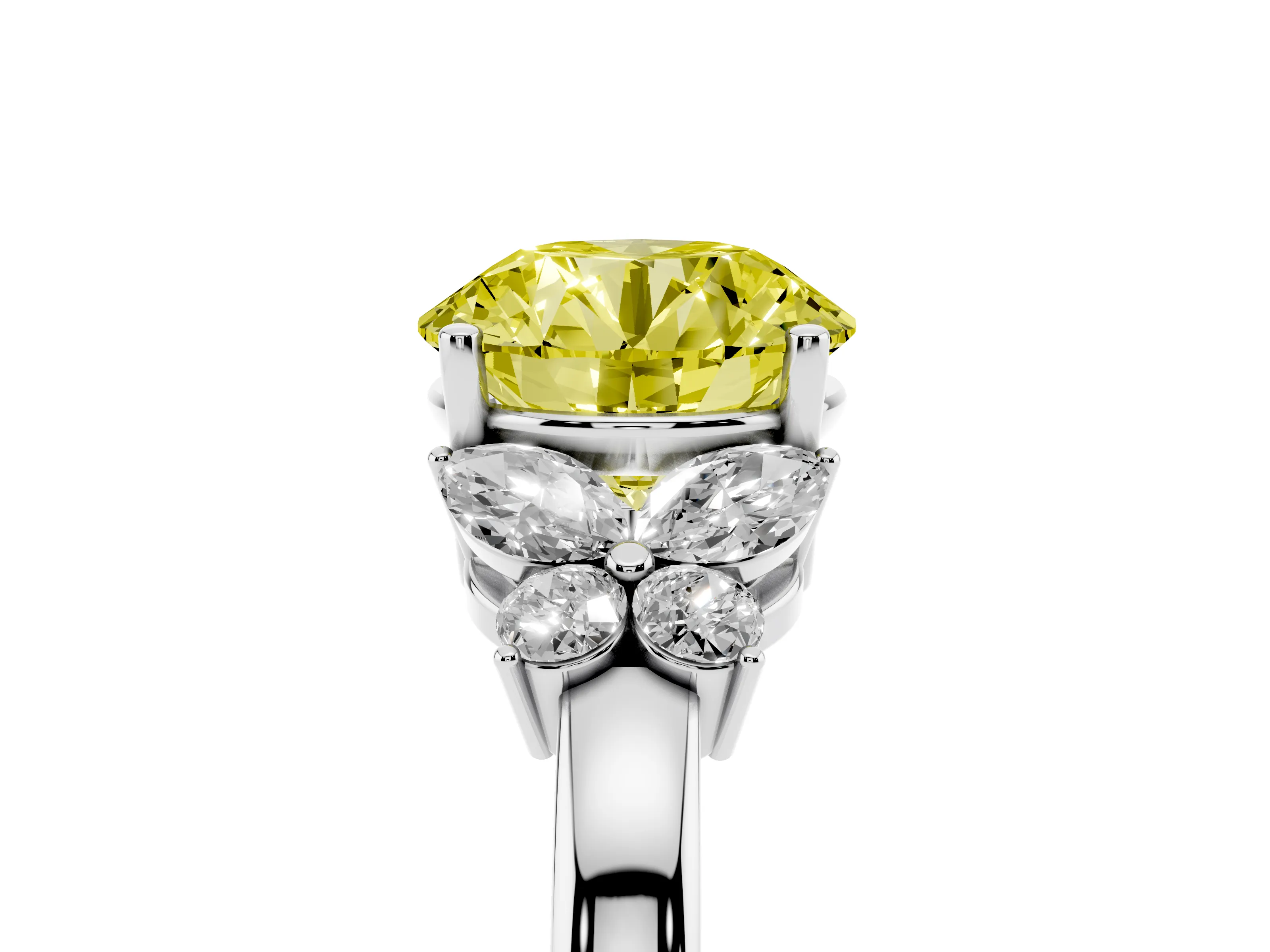 Fancy Yellow Round Cut Diamond Solitaire Floral Ring Set in Platinum with Marquise Petals and Prong Setting