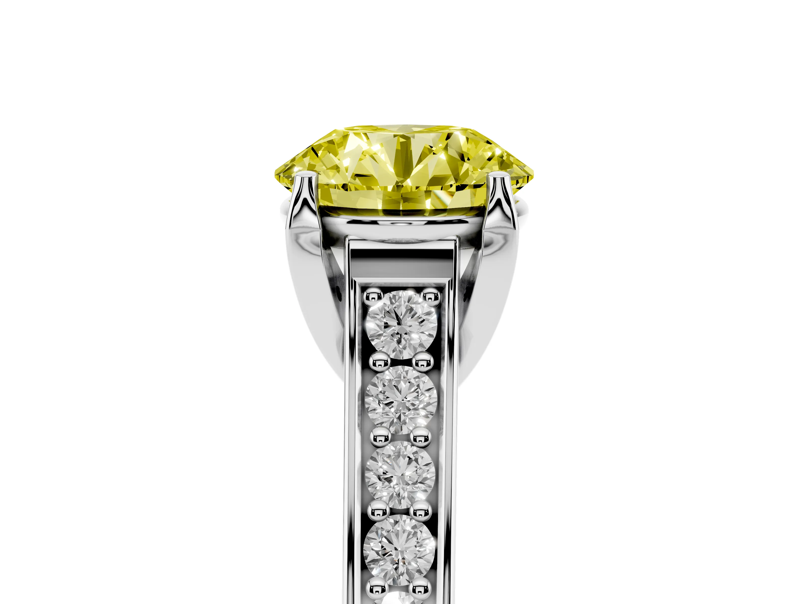 Fancy Yellow Round Cut Diamond Solitaire Pavé Engagement Ring Set in White gold with Prong Setting