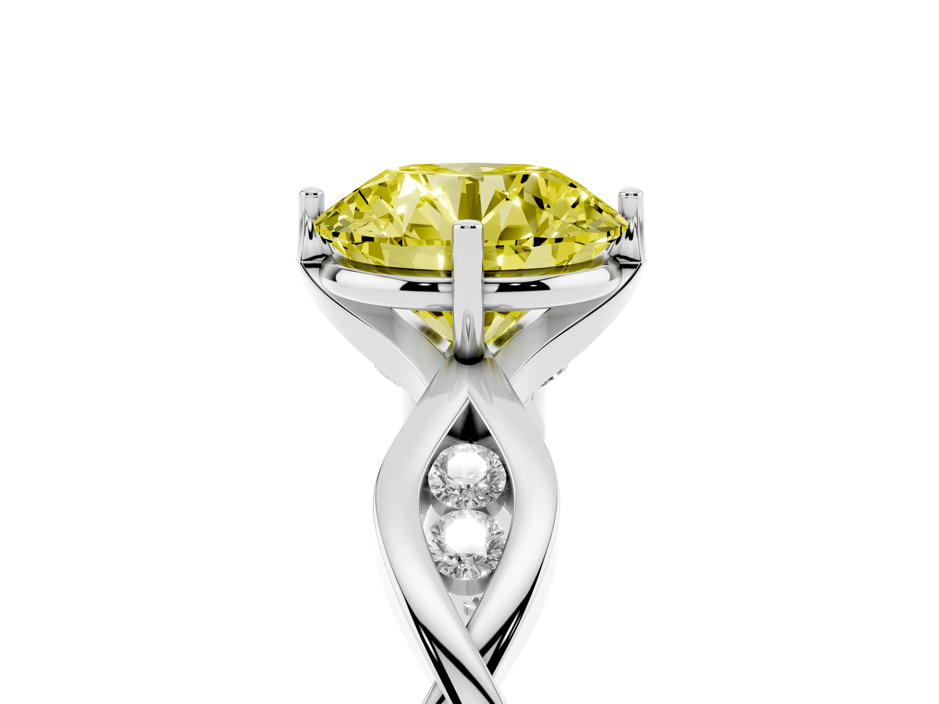 Fancy Yellow Round Cut Diamond Twist Band Solitaire Ring Set in Platinum with Leaf Prong Setting and Accent Stones