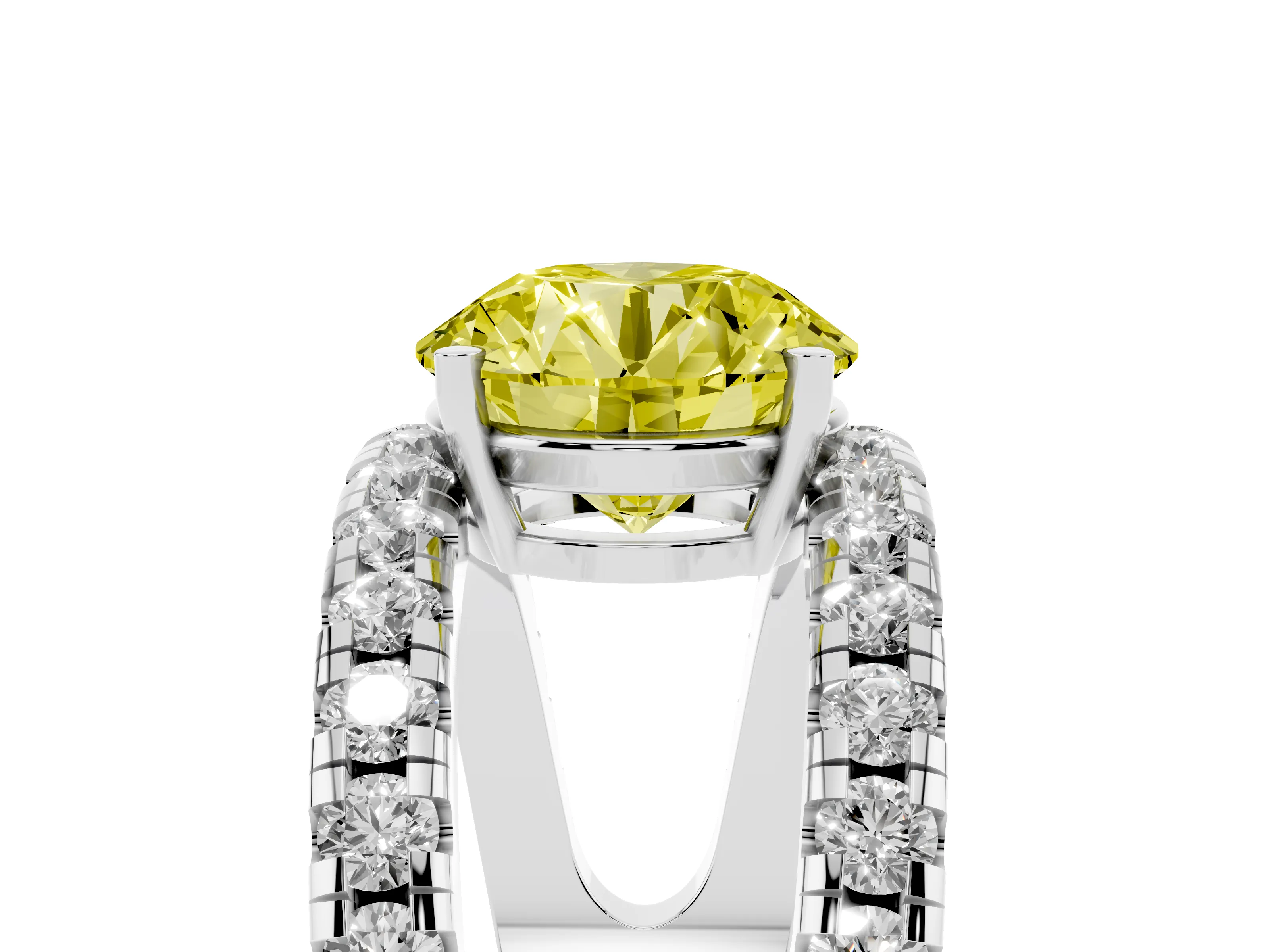 Fancy Yellow Round Cut Diamond Split Shank Pavé Solitaire Ring Set in White gold with Open Shank Design