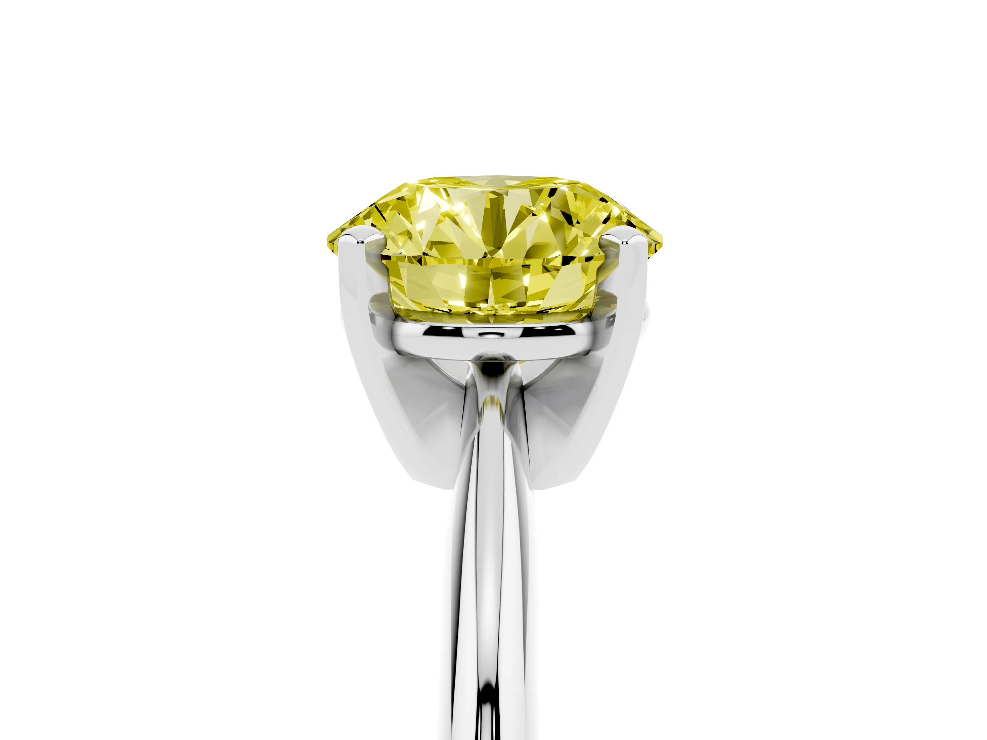 Fancy Yellow Round Cut Diamond Solitaire Ring Set in White gold with Prong Setting on a Plain Round Band