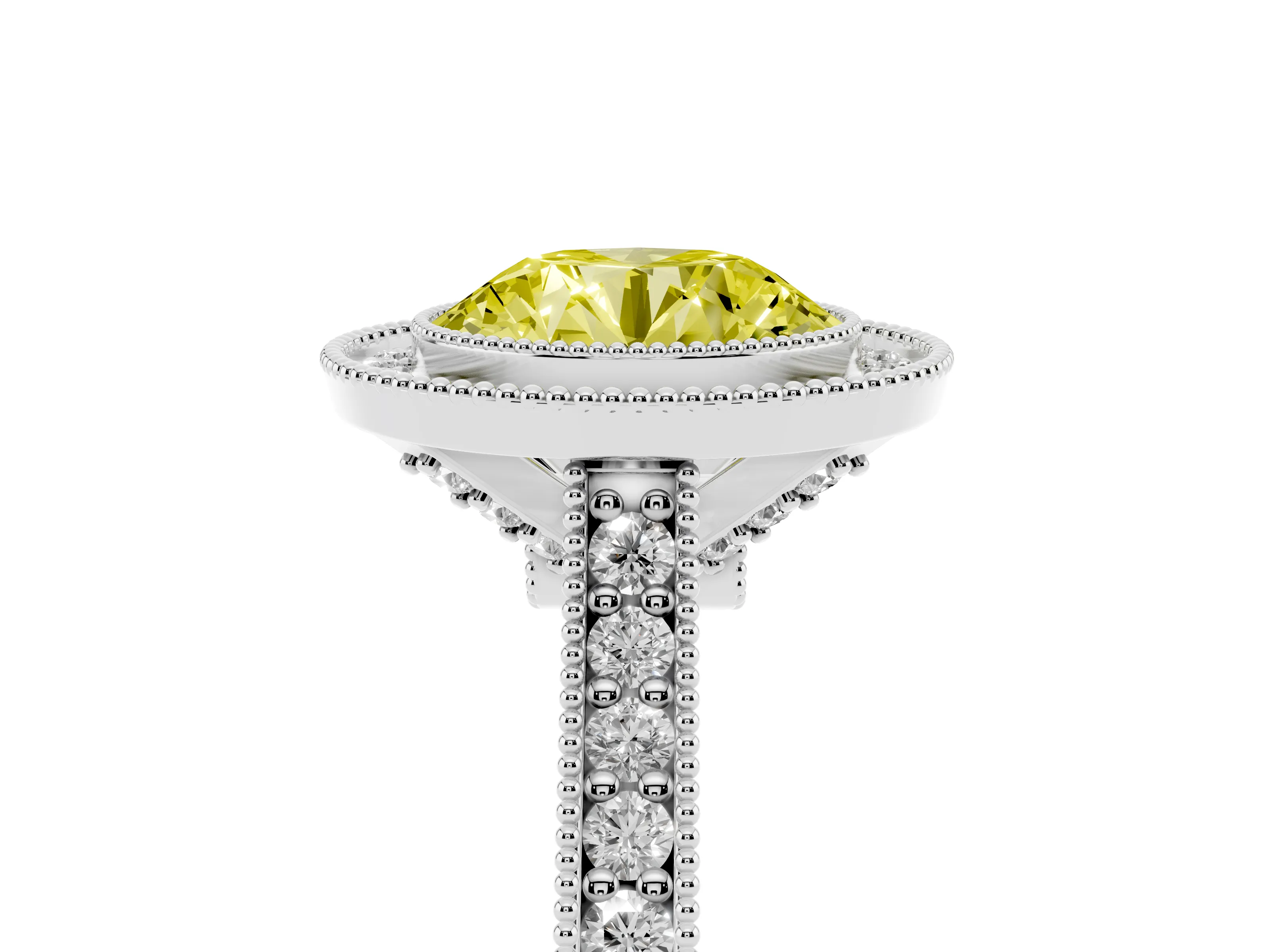 Fancy Yellow Round Cut Diamond Halo Milgrain Pavé Band Ring Set in Platinum with Prong Setting