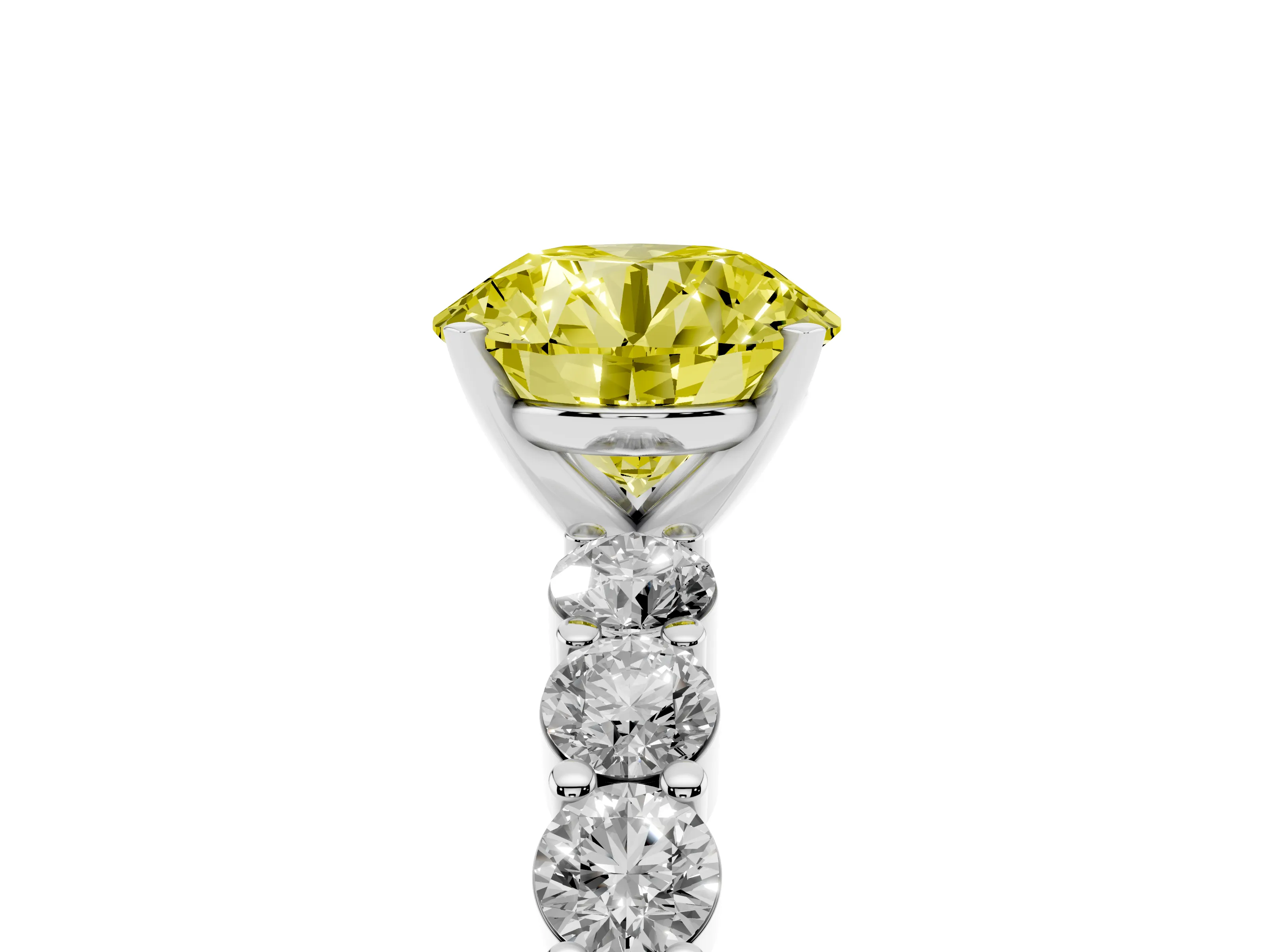 Fancy Yellow Round Cut Diamond Solitaire Ring Set in Platinum with Shared Prong Round Side Stones