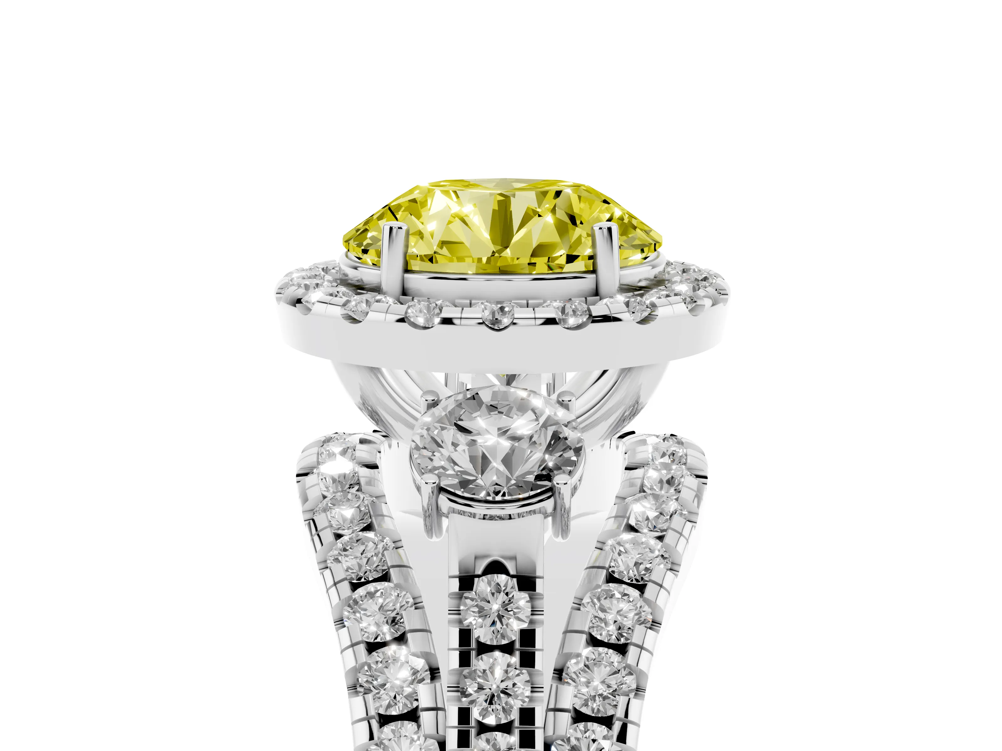 Fancy Yellow Round Cut Diamond Halo Split Shank Ring Set in White gold with Round Accent Stones and Prong Setting