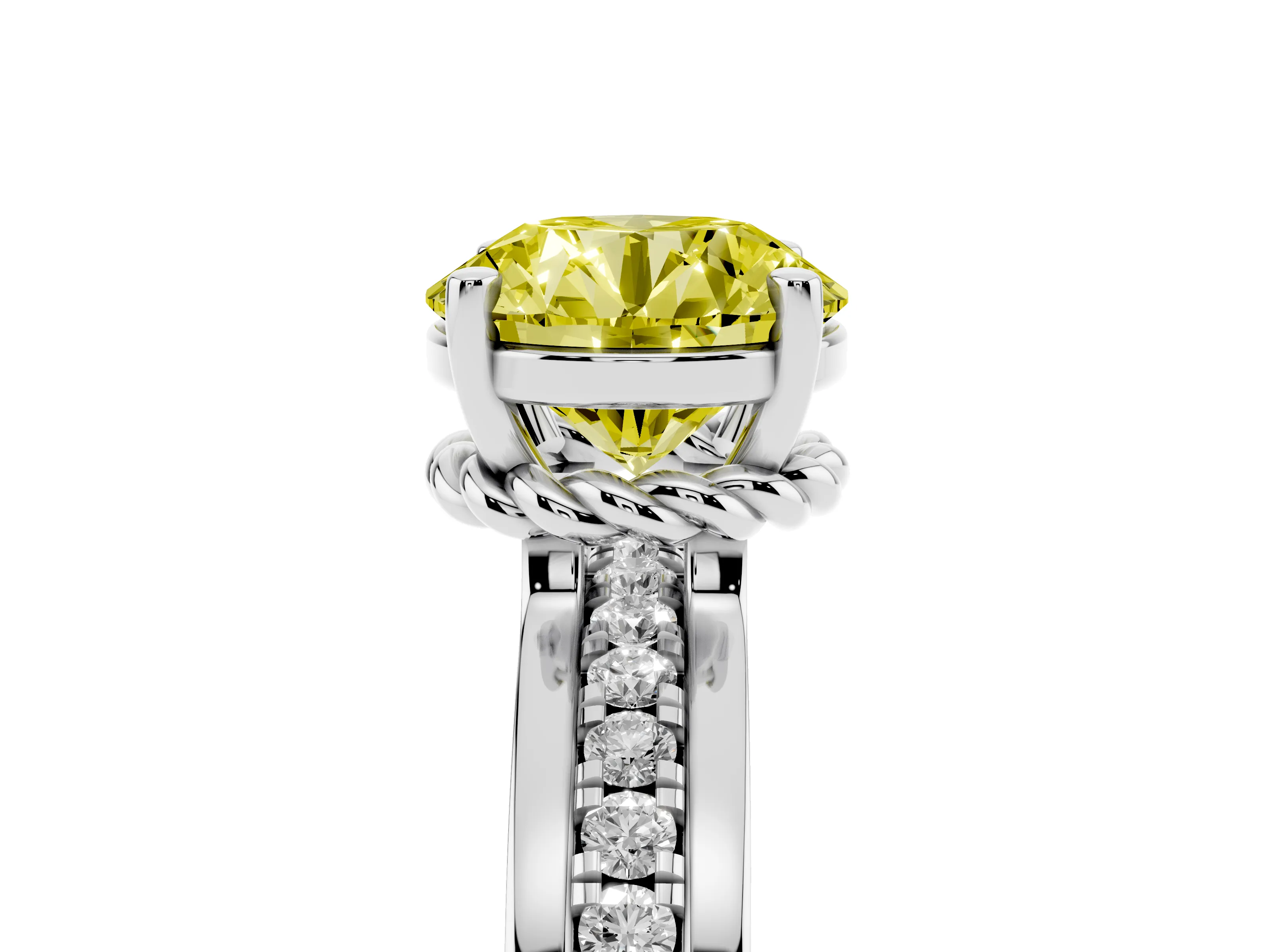Fancy Yellow Round Cut Diamond Solitaire Ring Set in Silver with Channel Set Band and Prong Setting
