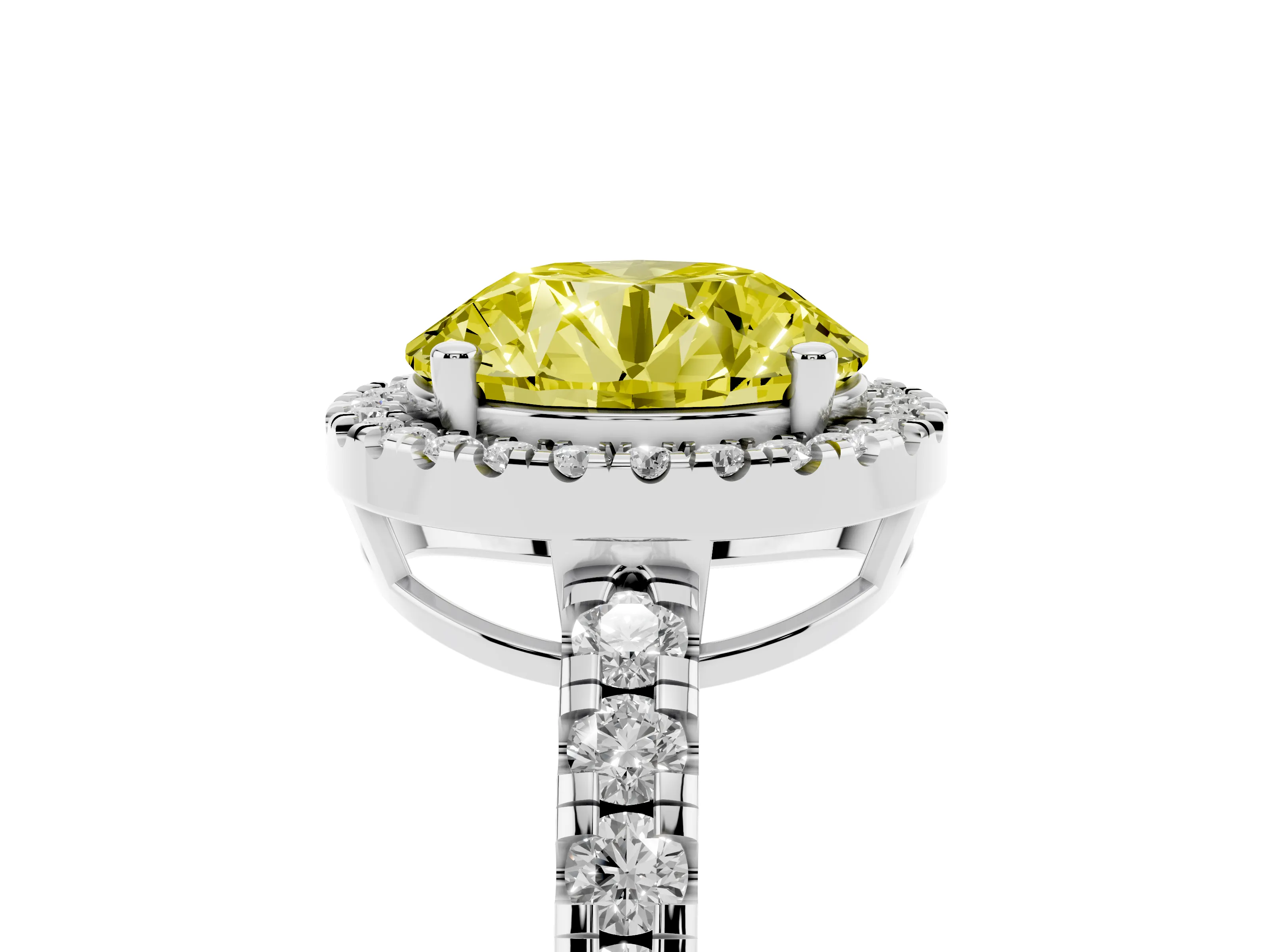 Fancy Yellow Round Cut Diamond Halo Ring Set in Silver with Delicate Pavé Band and Prong Setting