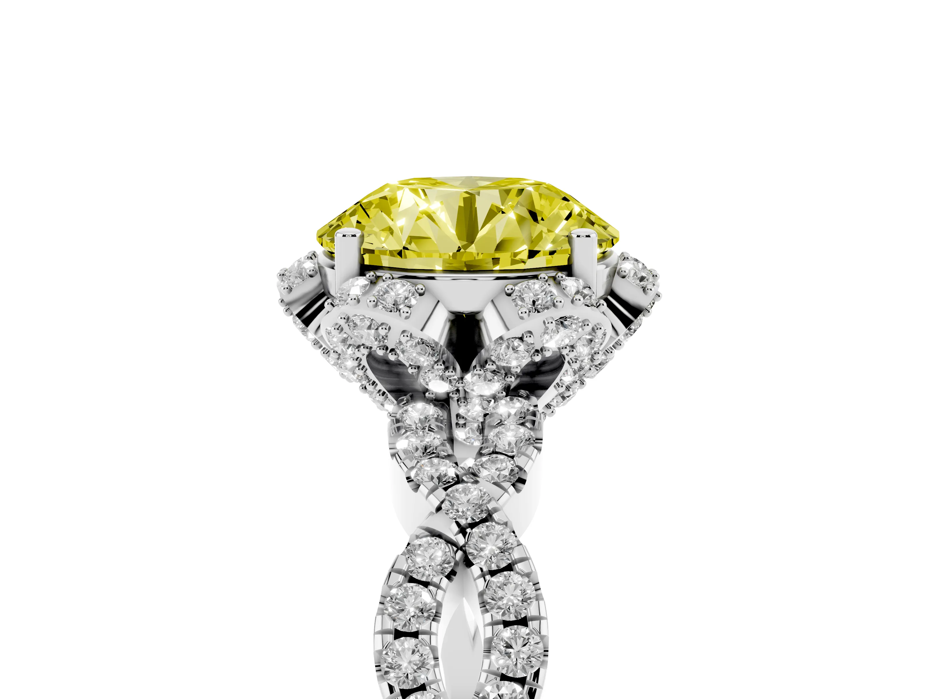 Fancy Yellow Round Cut Diamond Halo Twist Band Solitaire Ring Set in White gold with Prong-Set Center Stone