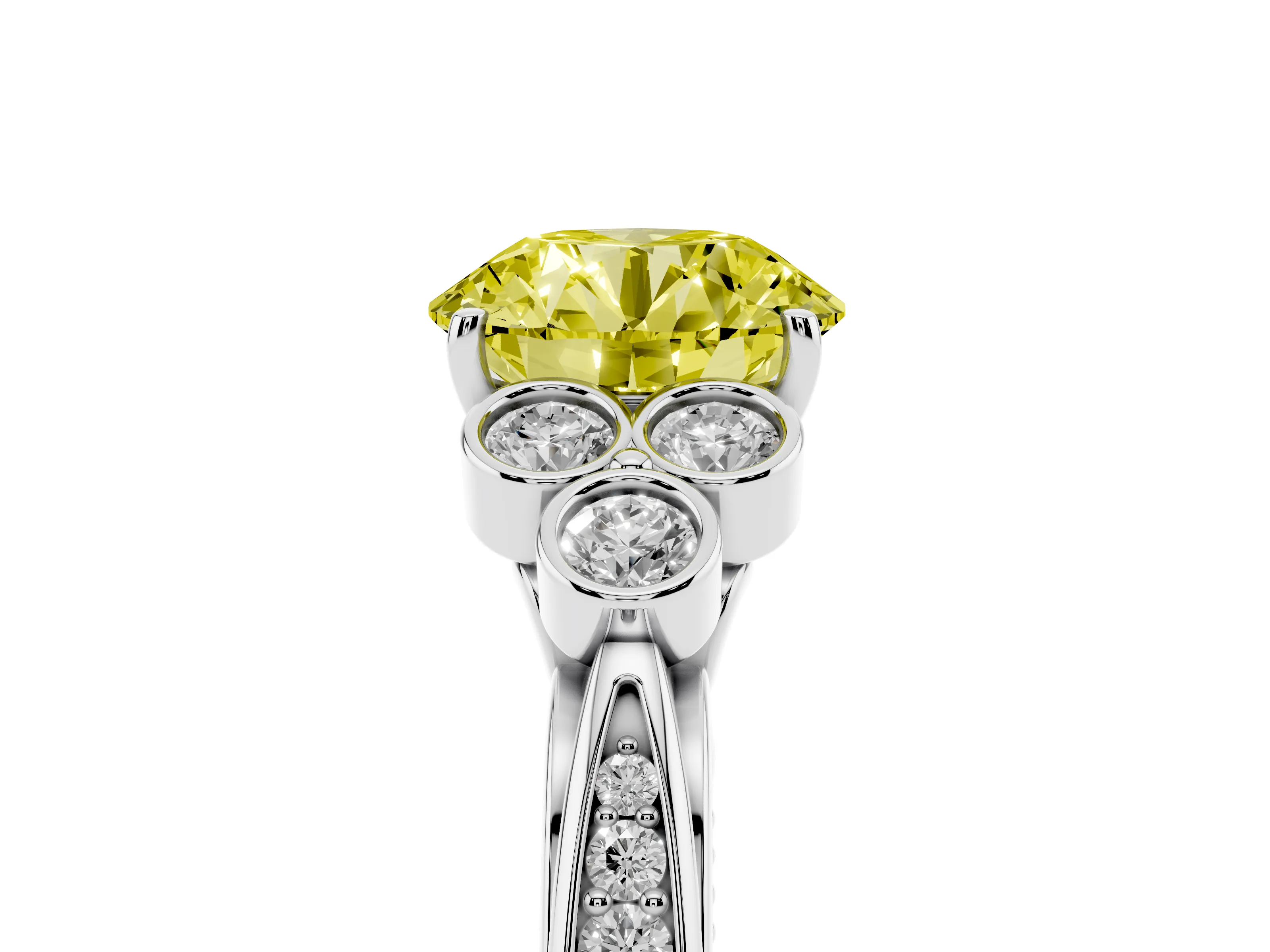 Fancy Yellow Round Cut Diamond Engagement Ring Set in White gold with Bezel Set Round Side Stones and Prong Setting