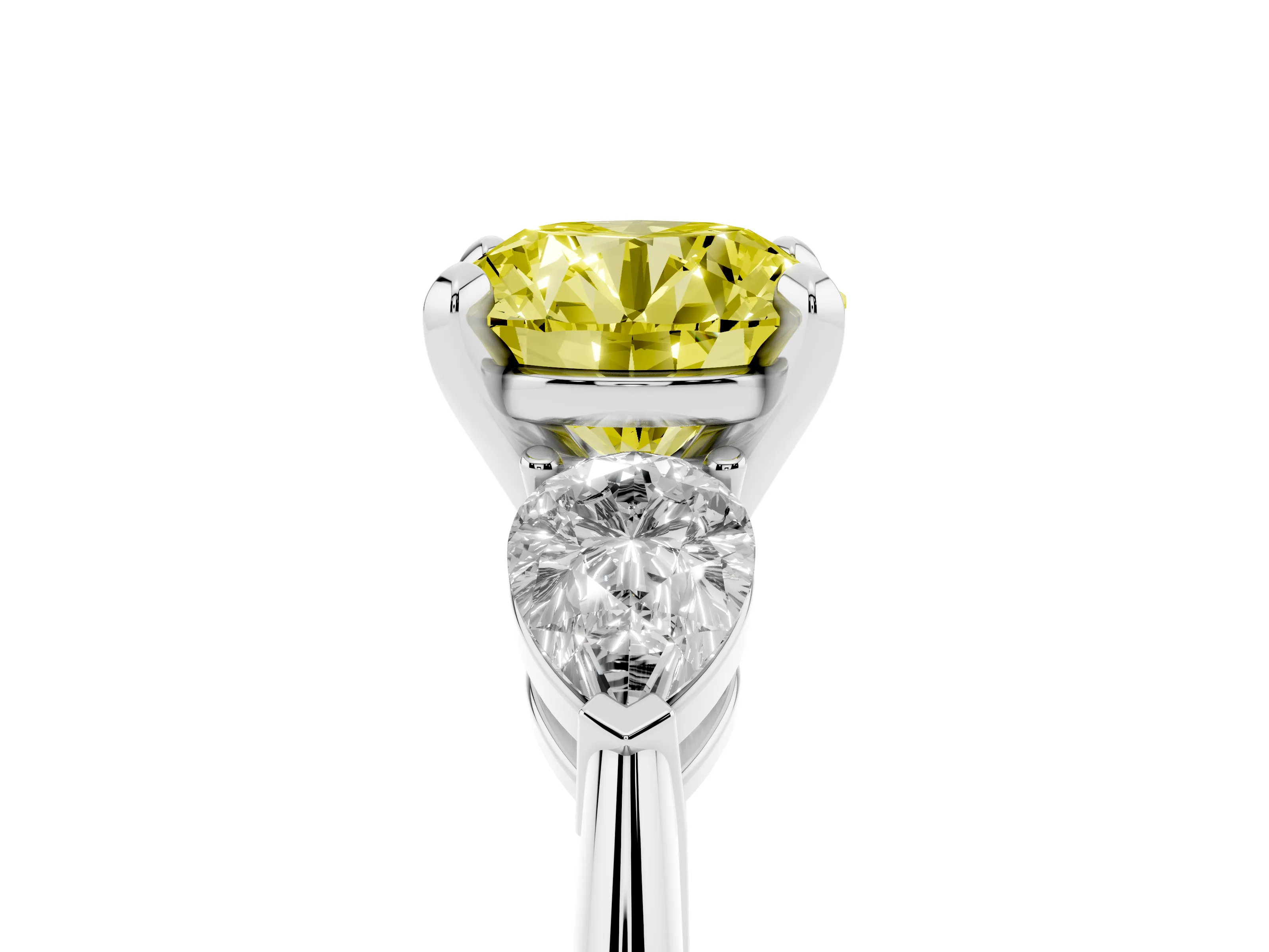Fancy Yellow Three-Stone Round Cut Diamond Ring Set in Platinum with Pear Side Stones and Prong Setting