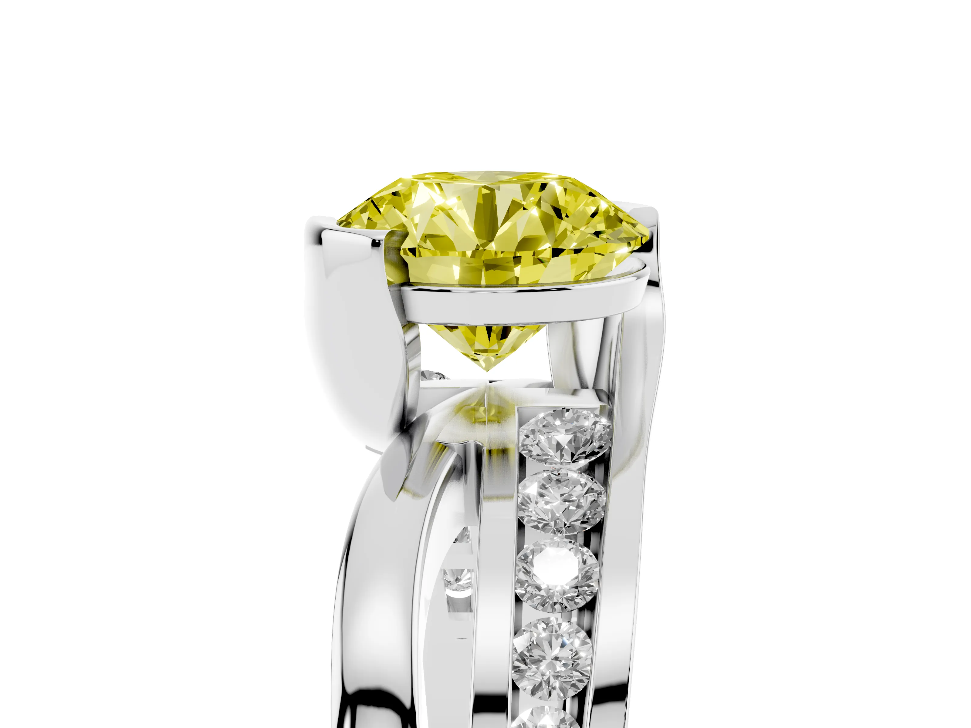 Fancy Yellow Round Cut Diamond Solitaire Ring Set in Silver with Channel Set Split Shank and Tension Prongs