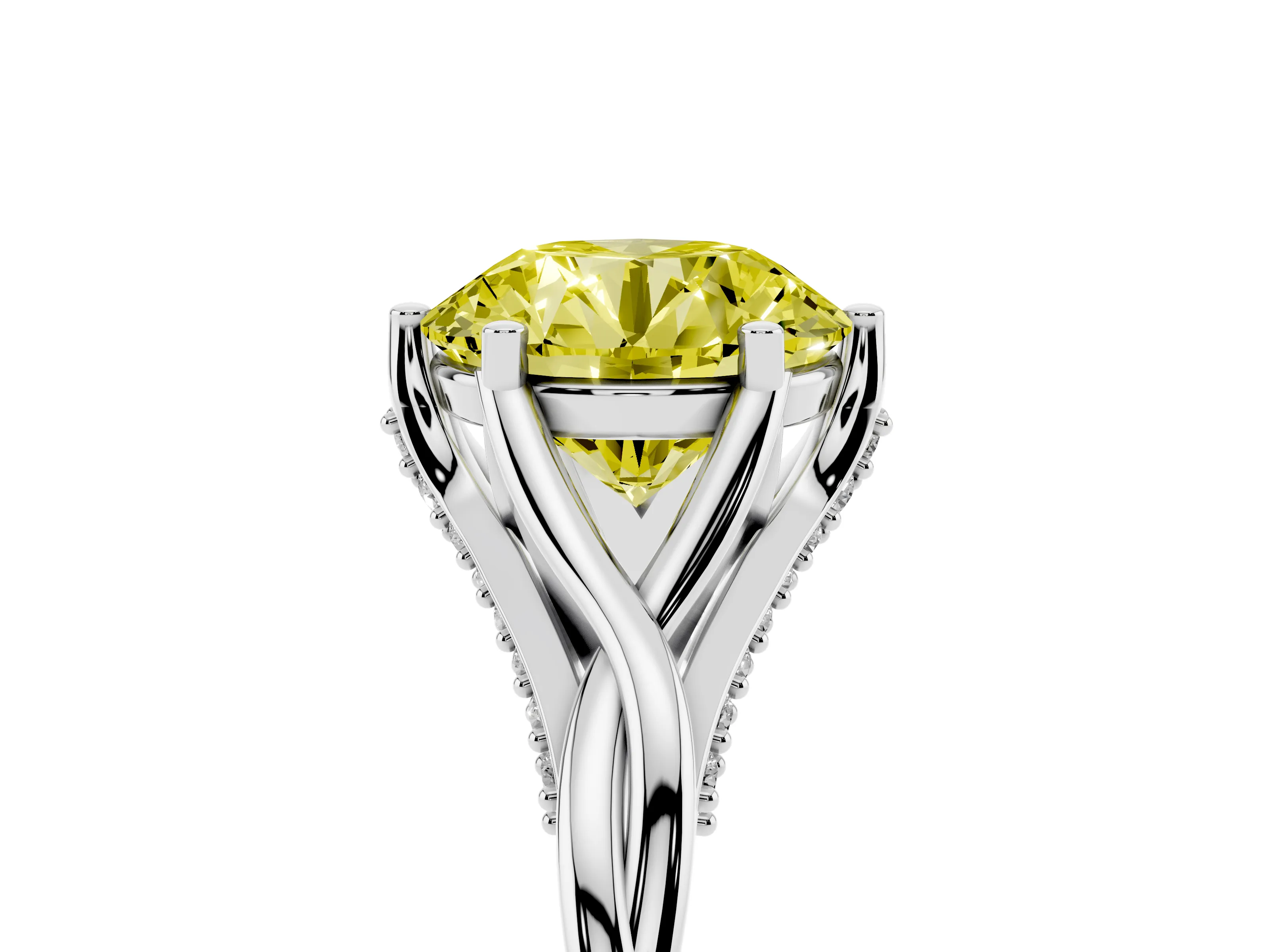 Fancy Yellow Round Cut Diamond Intertwined Twist Band Solitaire Ring Set in White gold with Prong Setting
