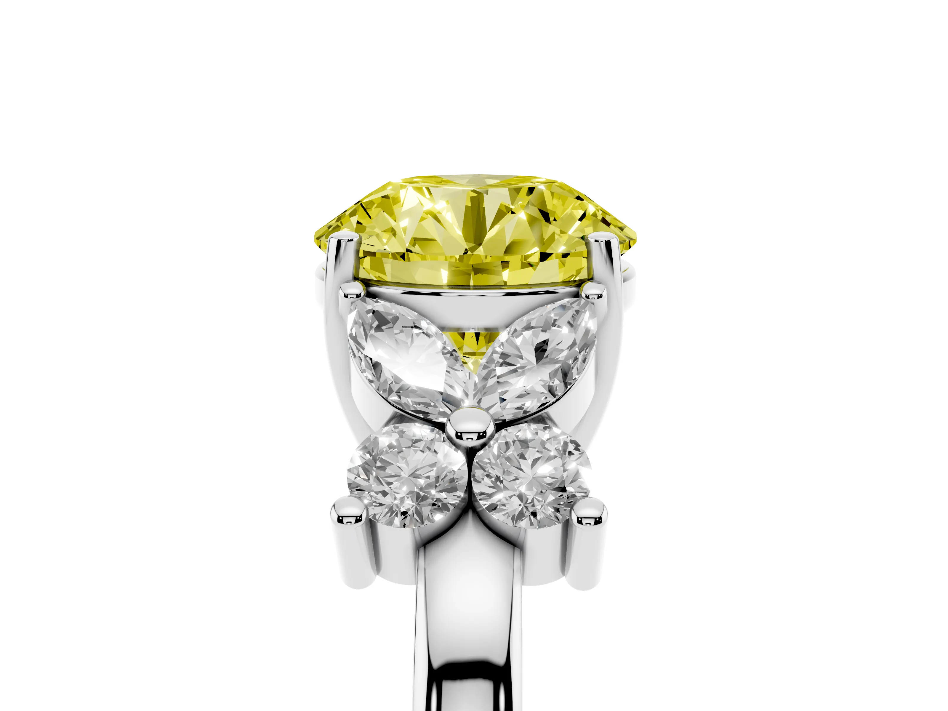 Fancy Yellow Round Cut Diamond Floral Cluster Ring Set in Platinum with Marquise Petals and Prong Setting