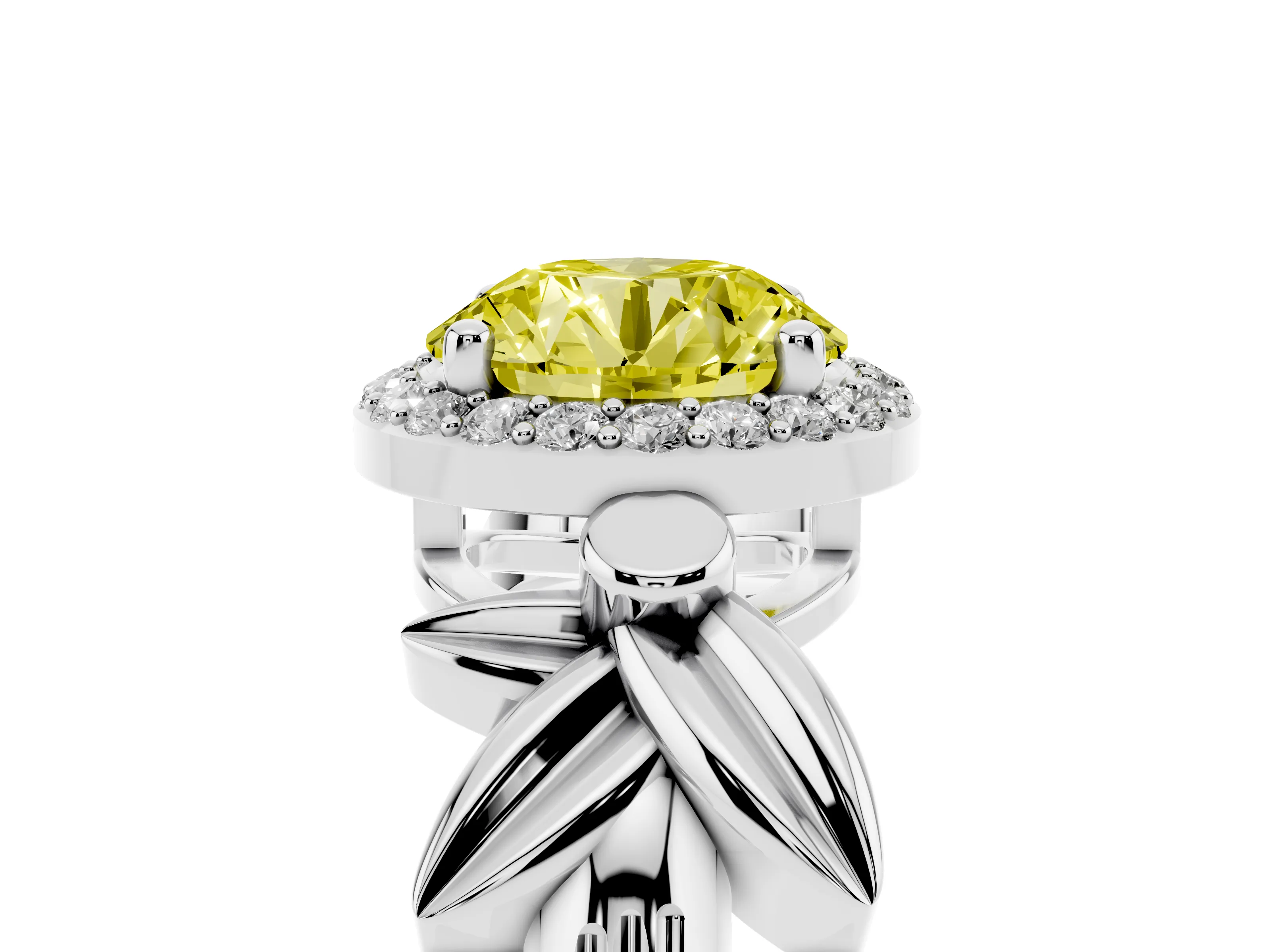 Fancy Yellow Round Cut Diamond Halo Floral Band Ring Set in Silver with Prong Setting