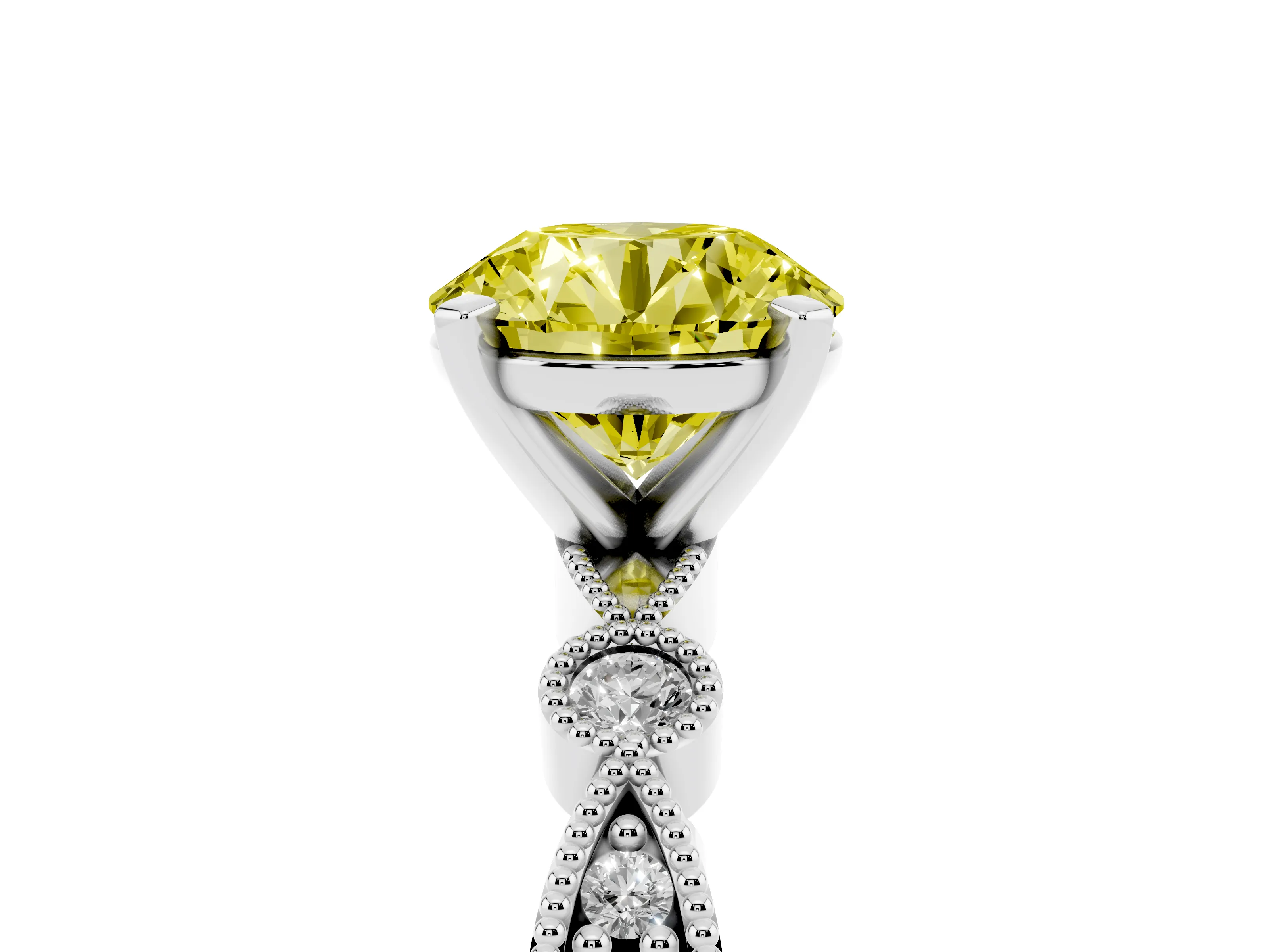 Fancy Yellow Round Cut Diamond Solitaire Engagement Ring Set in Silver with Milgrain Bezel Accent Band