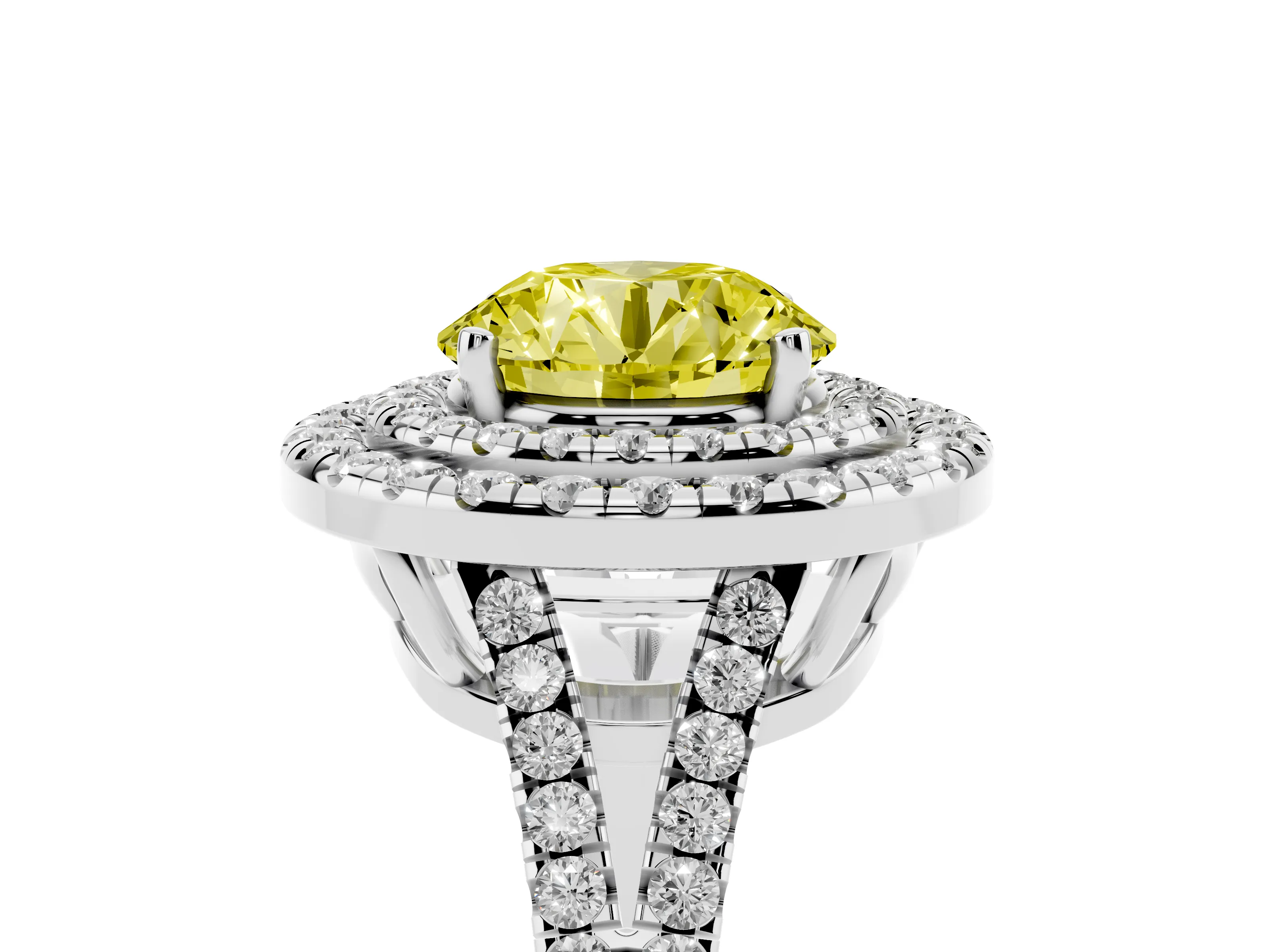 Fancy Yellow Round Cut Diamond Double Halo Ring Set in White gold with Pavé Band