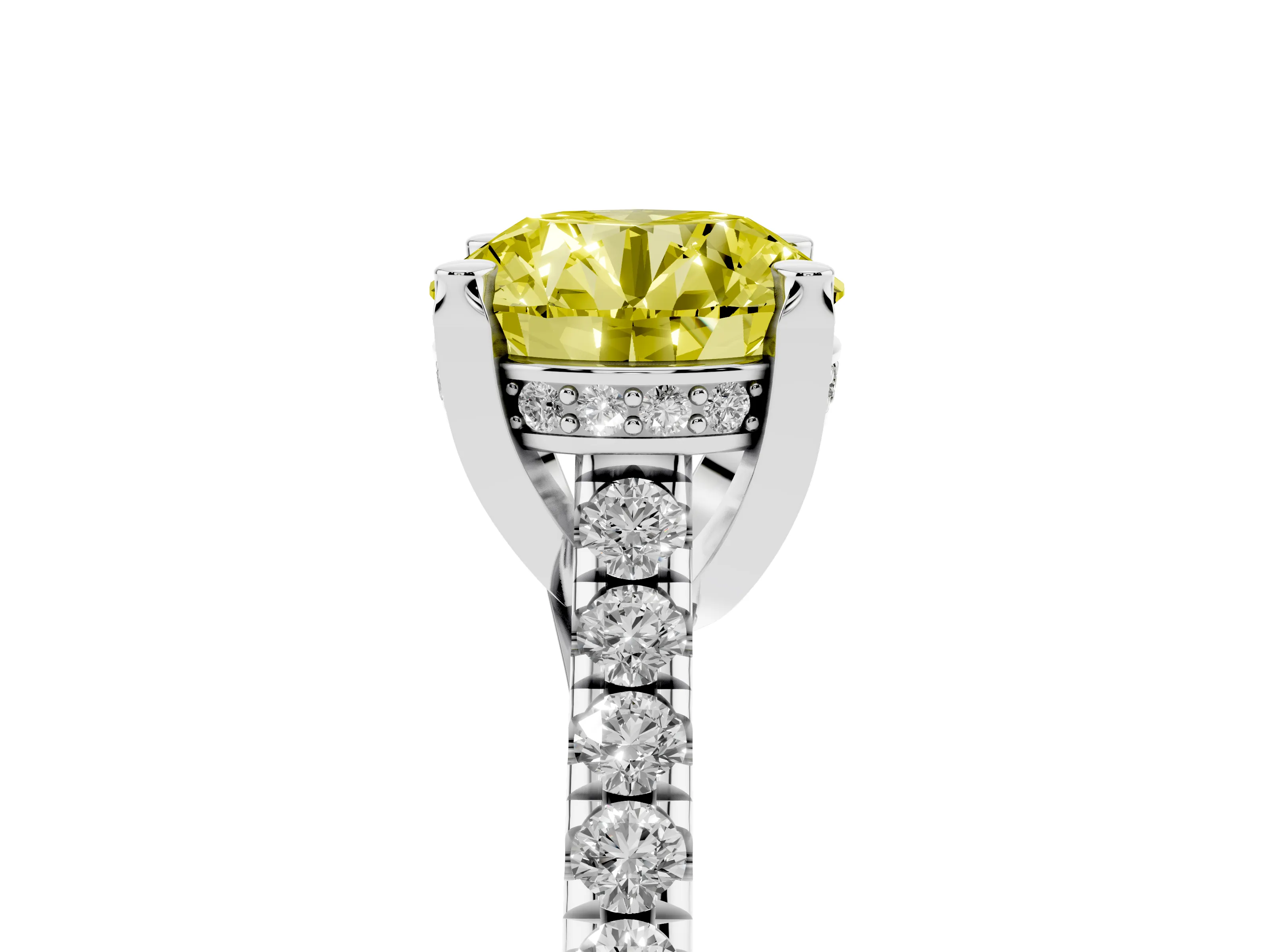 Fancy Yellow Round Cut Diamond Solitaire Ring Set in Platinum with Brilliant Pavé Band and Prong Setting
