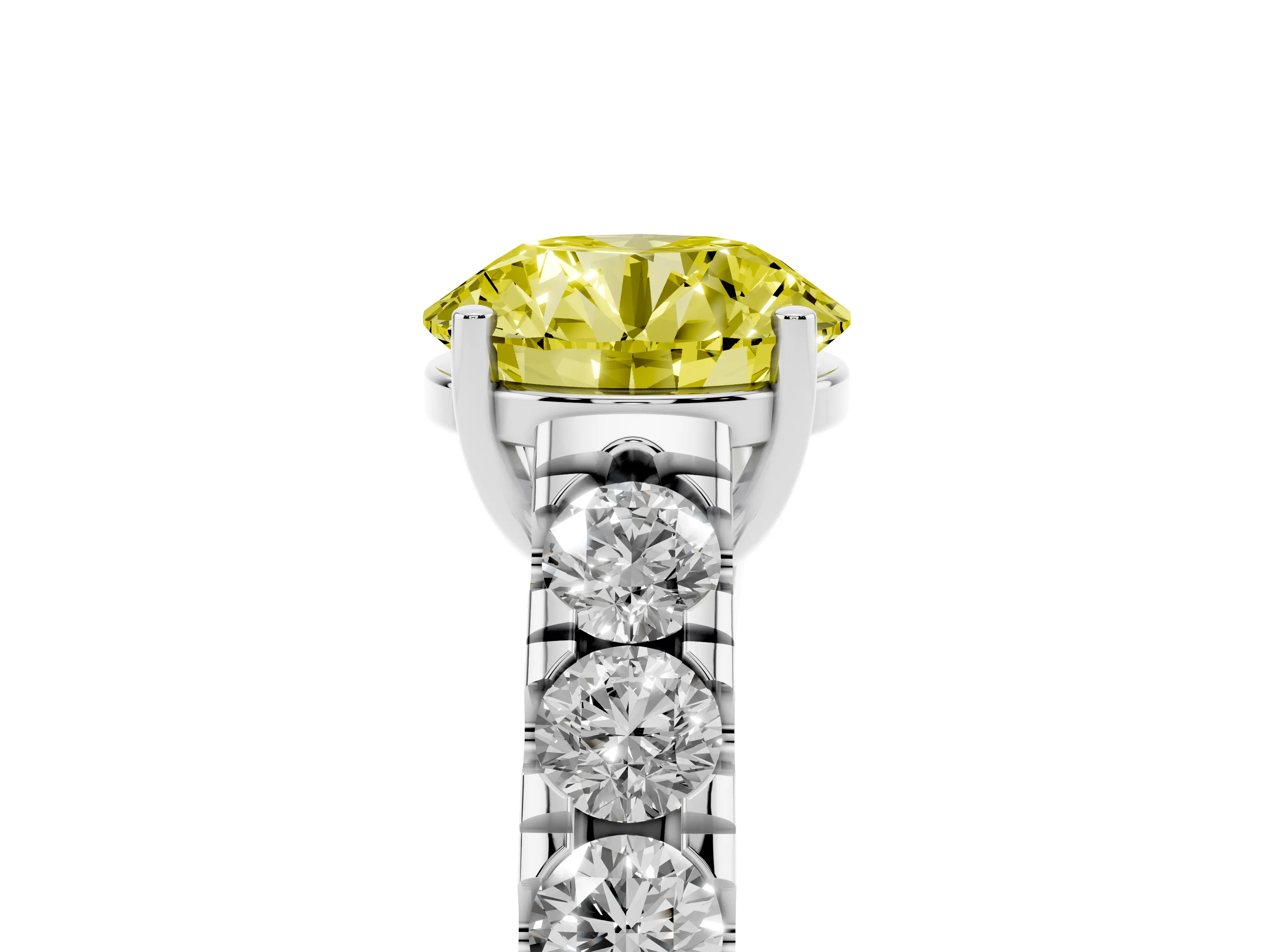 Fancy Yellow Round Cut Diamond Solitaire Ring Set in Platinum with Cut-Down Micro Pavé Band and Prong Setting