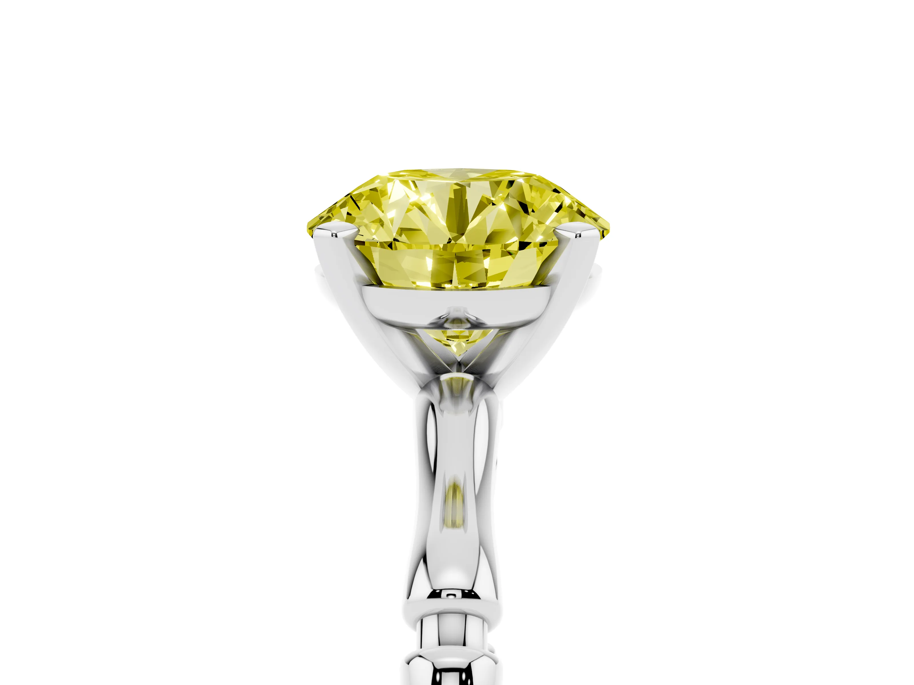 Fancy Yellow Round Cut Diamond Solitaire Ring Set in Platinum with Bamboo Band and Prong Setting