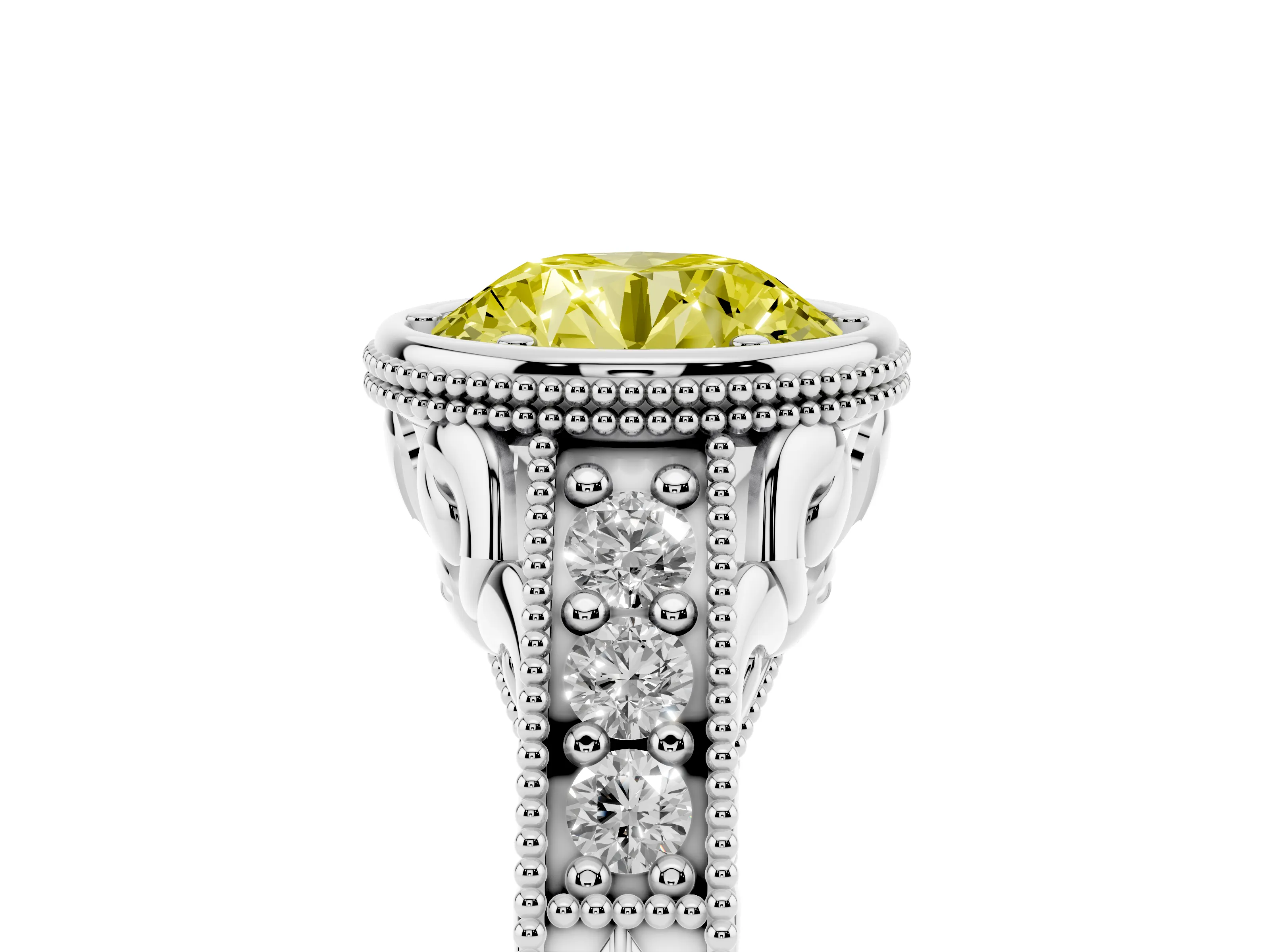 Fancy Yellow Bezel Set Round Cut Diamond Milgrain Pavé Engagement Ring Set in Silver