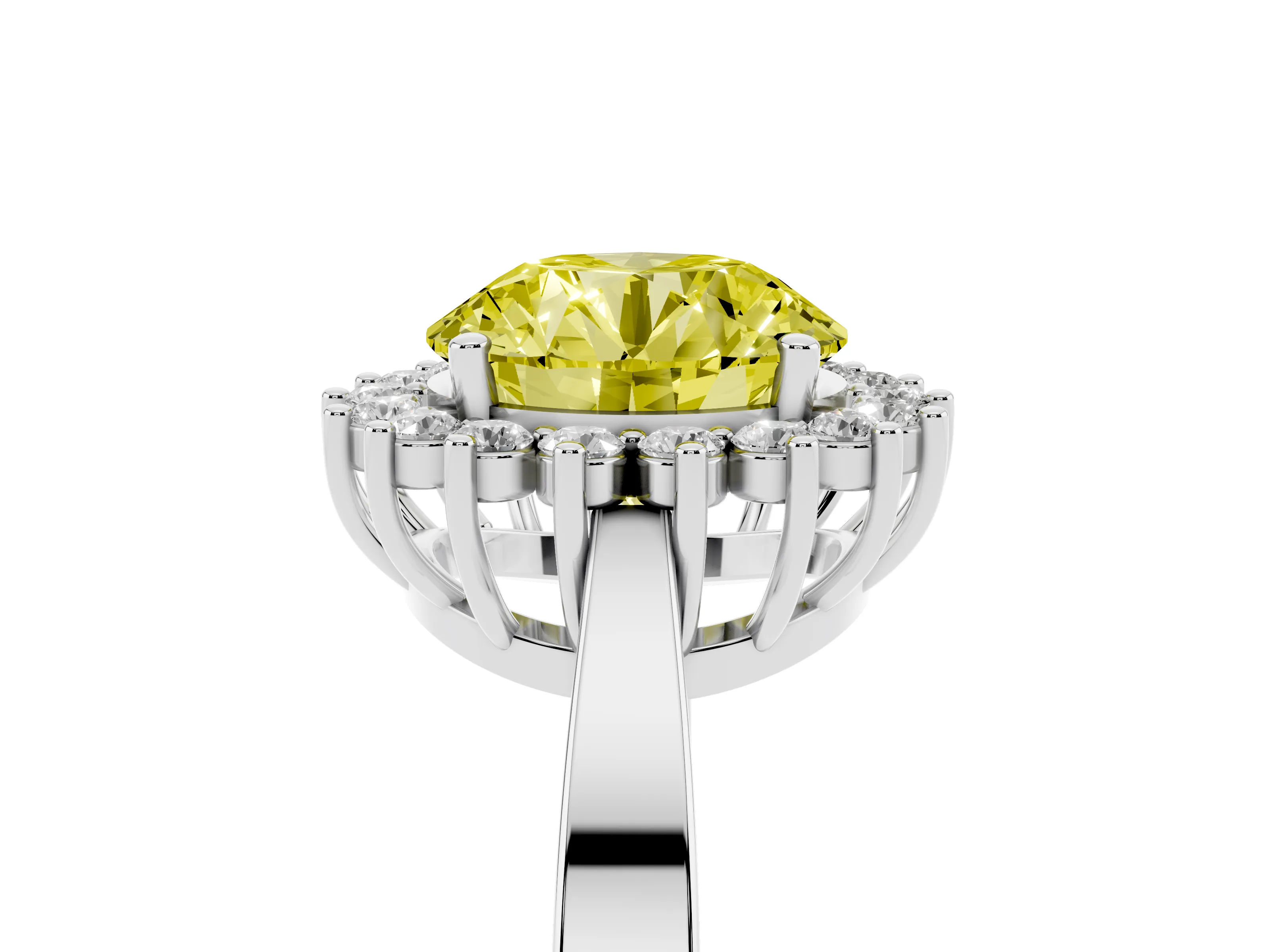 Fancy Yellow Round Cut Diamond Halo Ring Set in White gold with Round Halo and Smooth Solitaire Band