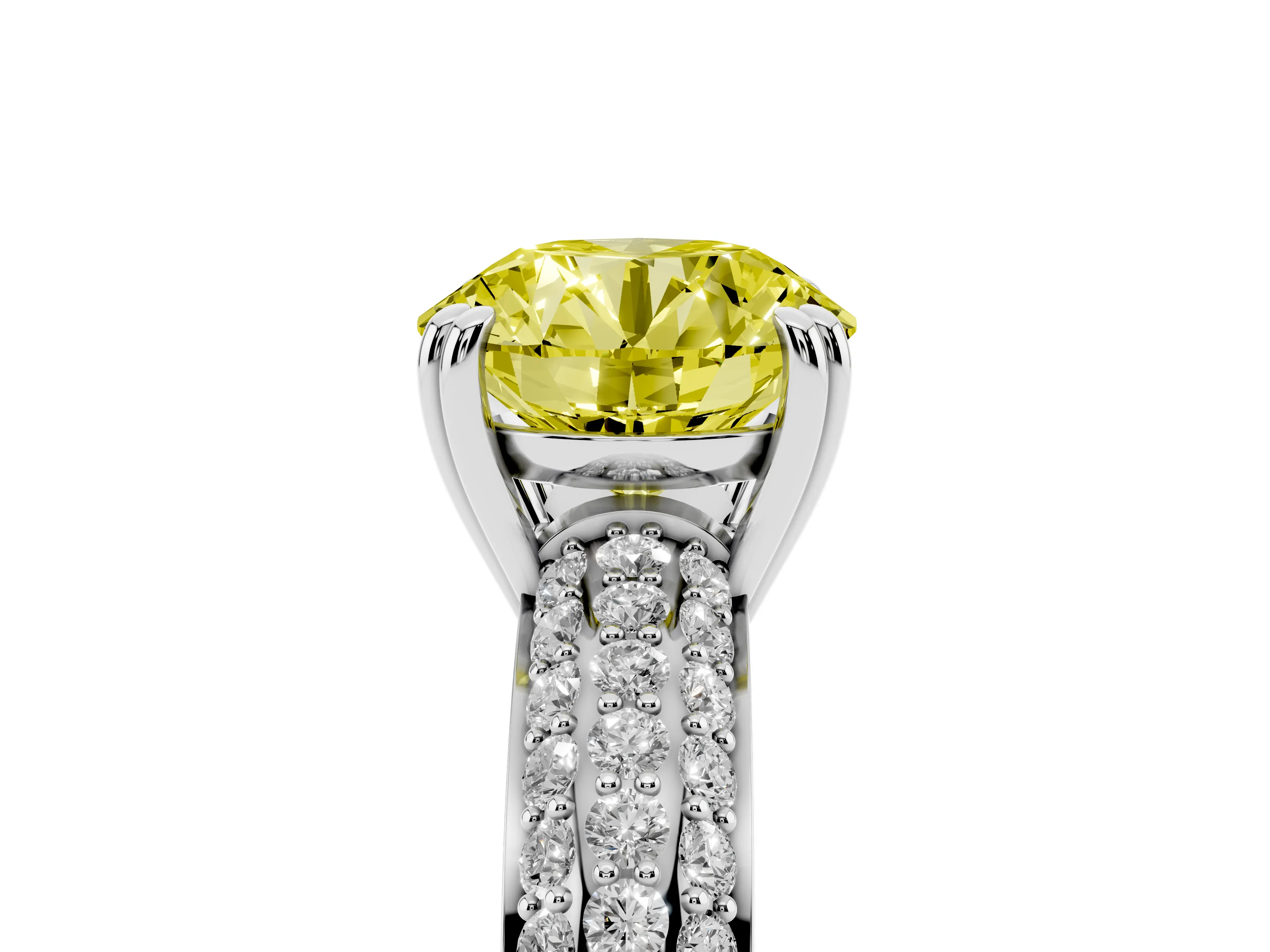 Fancy Yellow Round Cut Diamond Solitaire Ring Set in Platinum with Multi-Row Round Pavé Band and Prong Setting