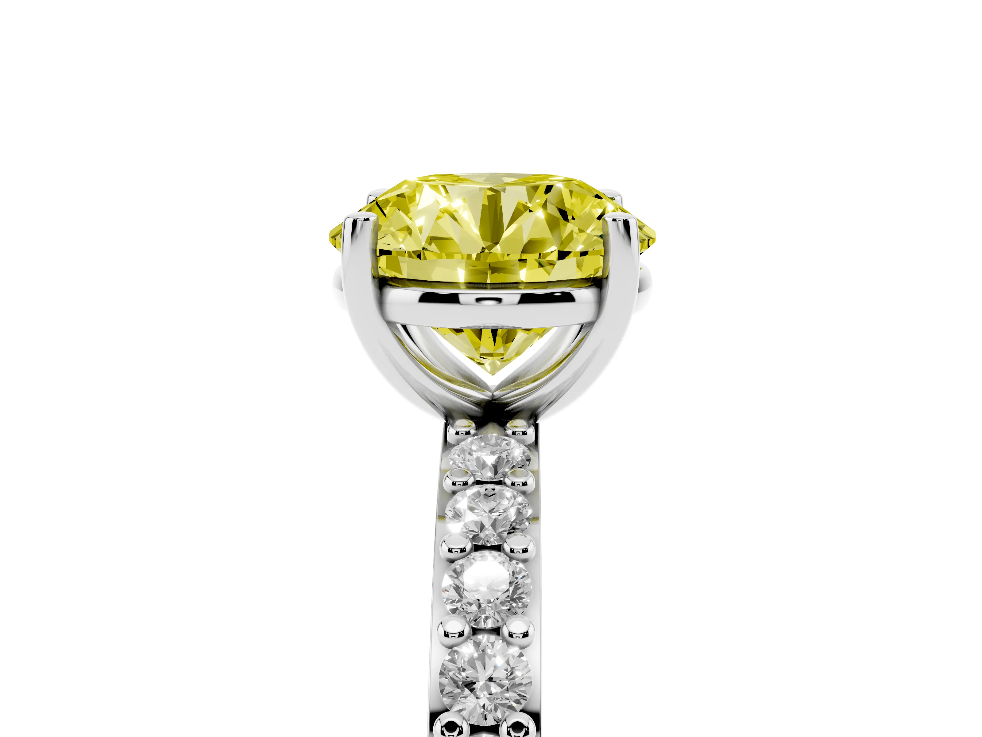 Fancy Yellow Round Cut Diamond Solitaire Set in Silver with Round Pavé Band and Prong Setting