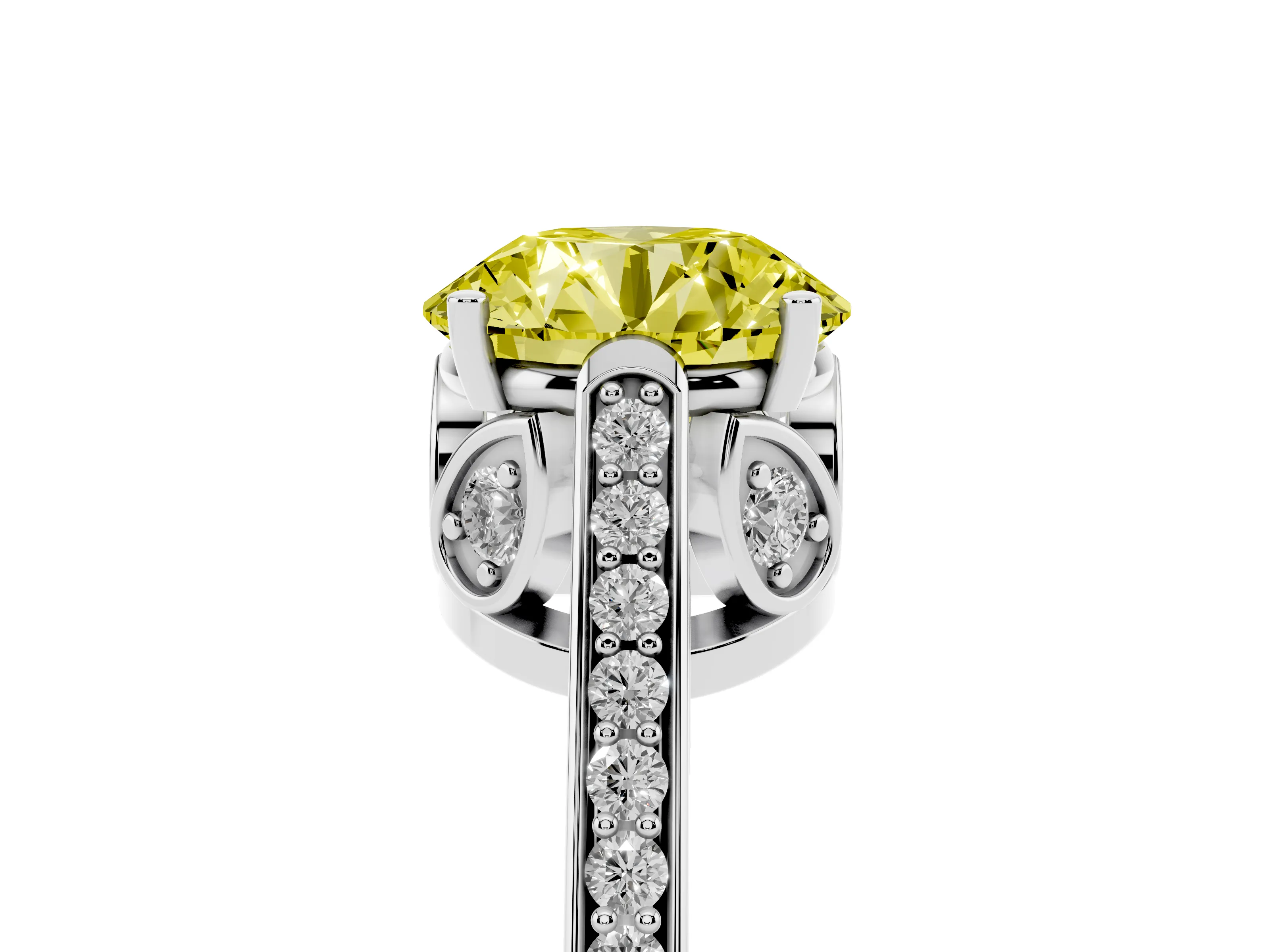 Fancy Yellow Round Cut Diamond Cathedral Pavé Engagement Ring Set in White gold with Prong Setting